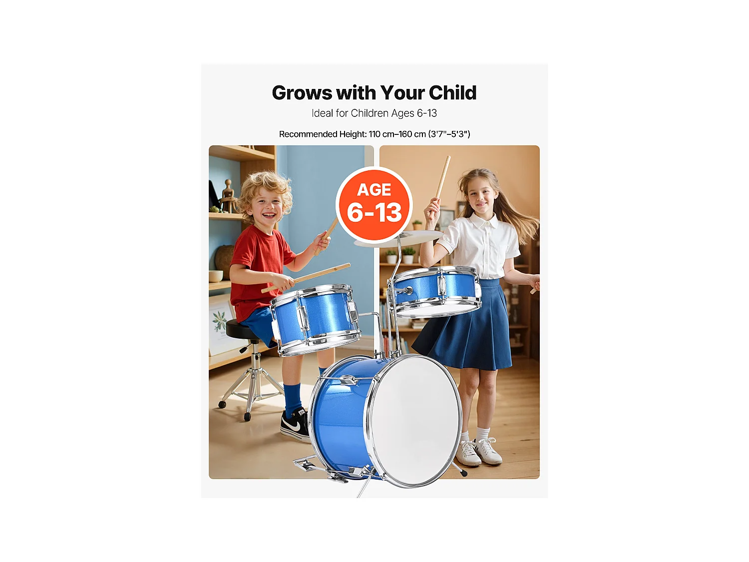 Batterie Enfant SucceBuy, 3 PCS, Batterie Débutants, Grosse Caisse 35,56 cm avec Tom-tom 20,32 cm Caisse Claire 25,4 cm, Siège Réglable, Baguettes, Bleu