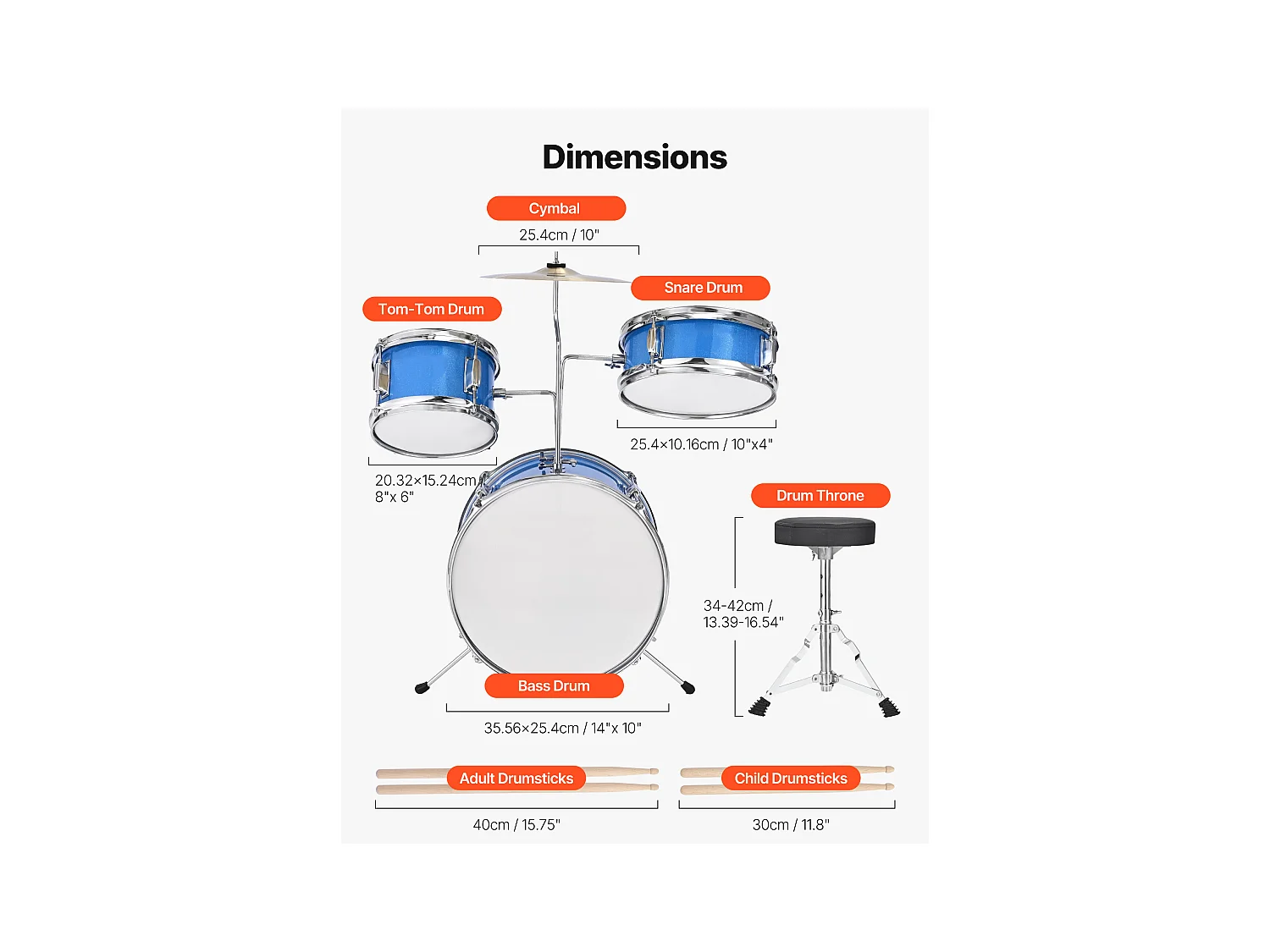 Batterie Enfant SucceBuy, 3 PCS, Batterie Débutants, Grosse Caisse 35,56 cm avec Tom-tom 20,32 cm Caisse Claire 25,4 cm, Siège Réglable, Baguettes, Bleu
