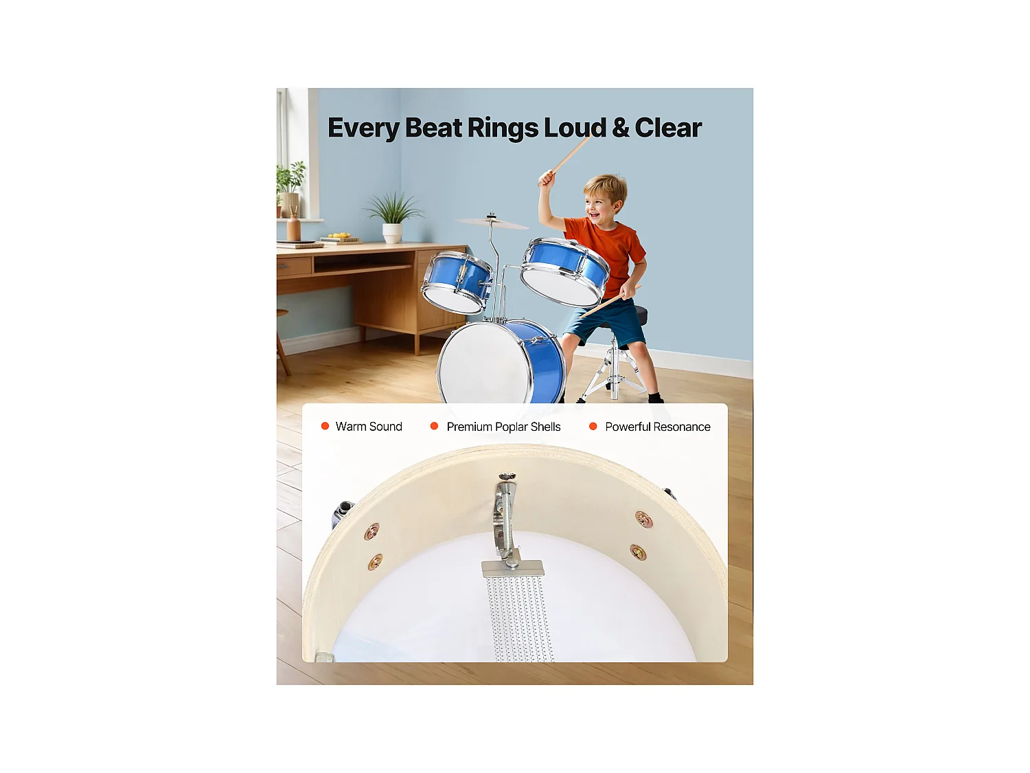 Batterie Enfant SucceBuy, 3 PCS, Batterie Débutants, Grosse Caisse 35,56 cm avec Tom-tom 20,32 cm Caisse Claire 25,4 cm, Siège Réglable, Baguettes, Bleu