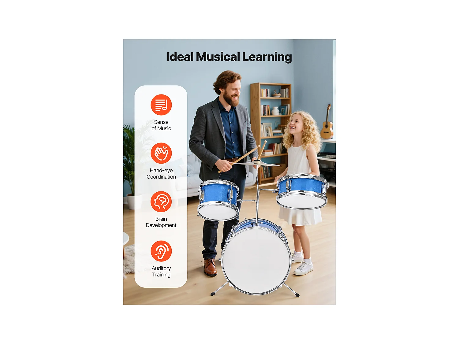 Batterie Enfant SucceBuy, 3 PCS, Batterie Débutants, Grosse Caisse 35,56 cm avec Tom-tom 20,32 cm Caisse Claire 25,4 cm, Siège Réglable, Baguettes, Bleu