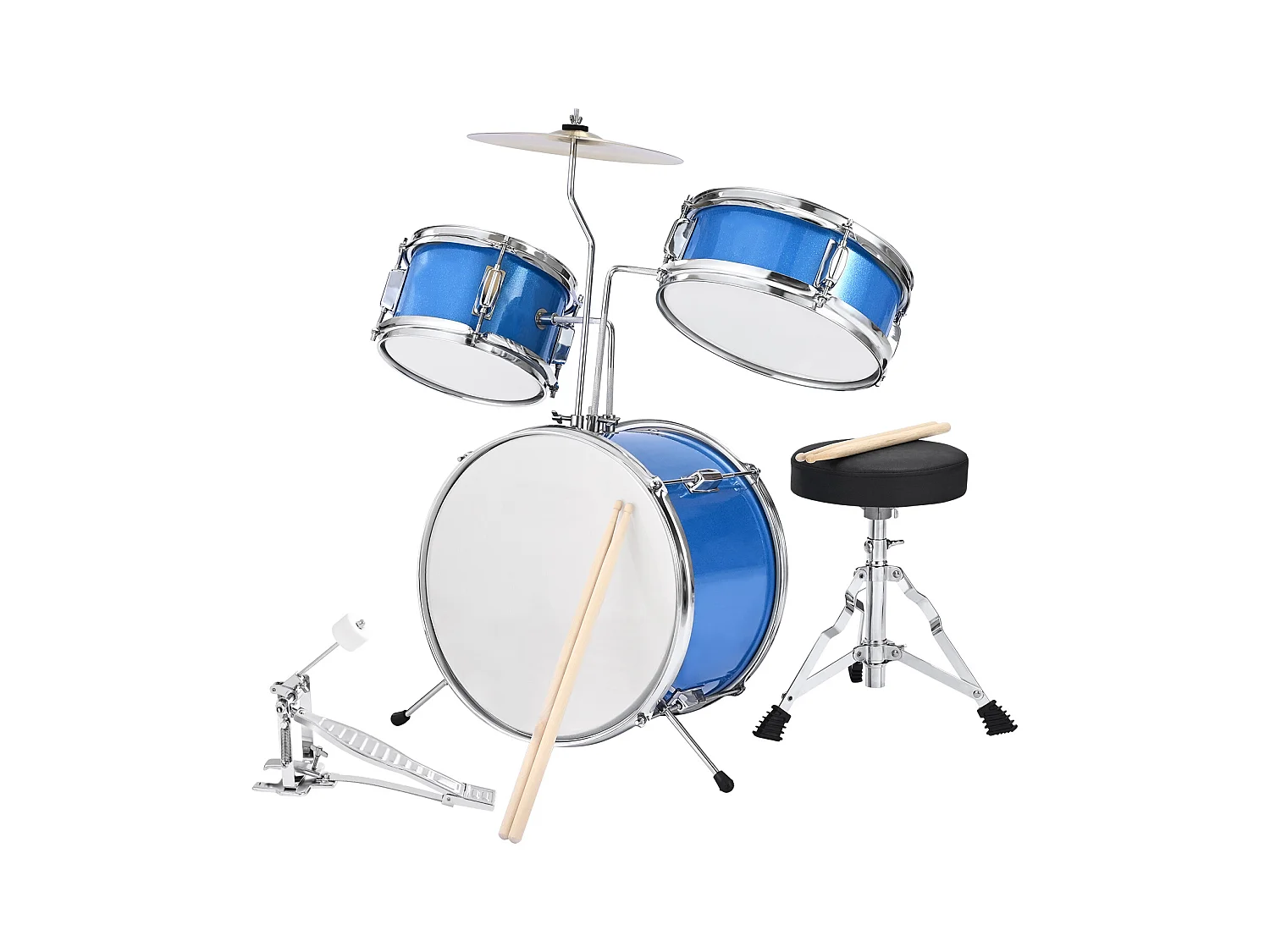 Batterie Enfant SucceBuy, 3 PCS, Batterie Débutants, Grosse Caisse 35,56 cm avec Tom-tom 20,32 cm Caisse Claire 25,4 cm, Siège Réglable, Baguettes, Bleu