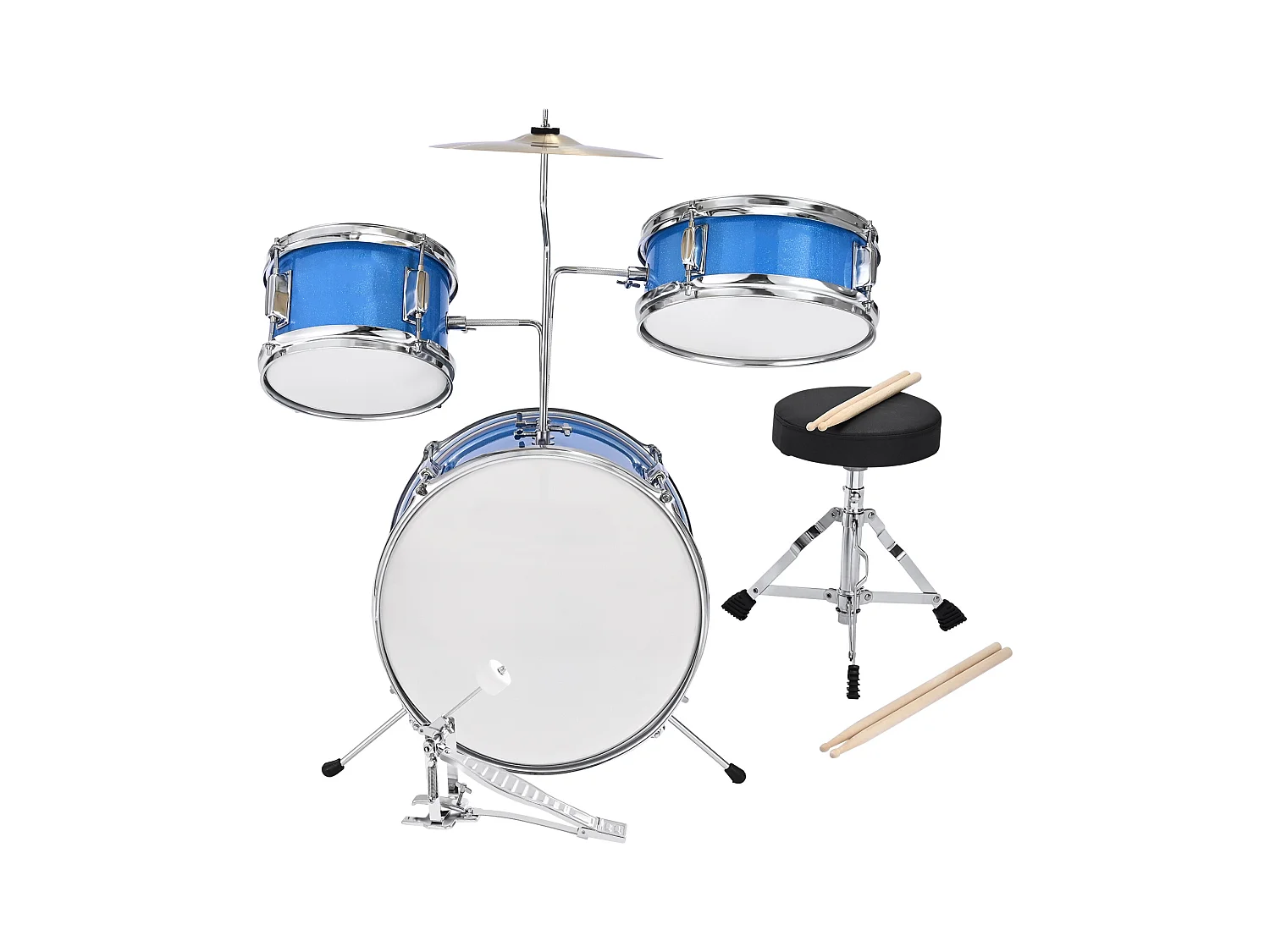 Batterie Enfant SucceBuy, 3 PCS, Batterie Débutants, Grosse Caisse 35,56 cm avec Tom-tom 20,32 cm Caisse Claire 25,4 cm, Siège Réglable, Baguettes, Bleu