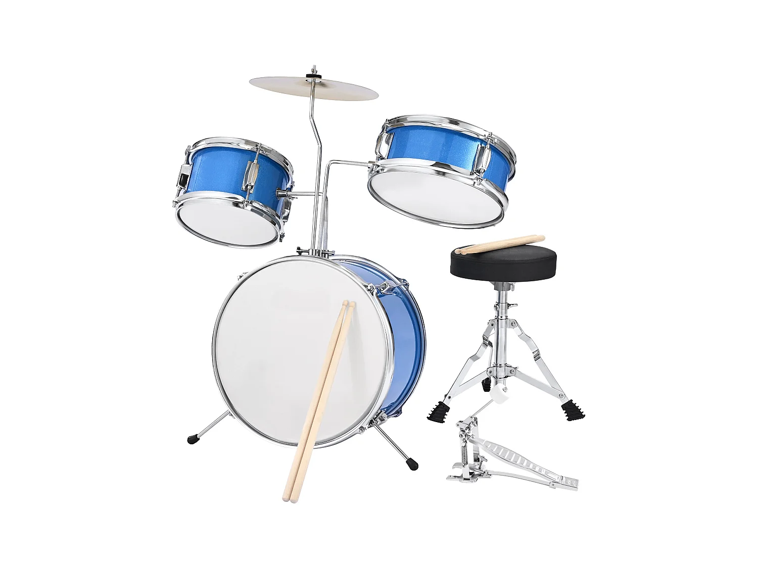 Batterie Enfant SucceBuy, 3 PCS, Batterie Débutants, Grosse Caisse 35,56 cm avec Tom-tom 20,32 cm Caisse Claire 25,4 cm, Siège Réglable, Baguettes, Bleu