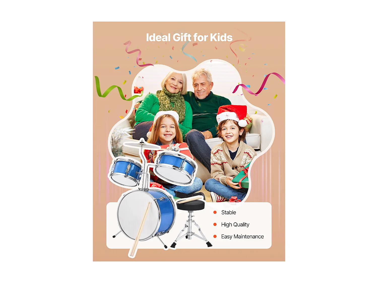 Bateria Infantil SucceBuy, 3 Peças, Bateria para Iniciantes, Bumbo de 35,56 cm com Tom-tom de 20,32 cm, Caixa de 25,4 cm, Assento Ajustável, Baquetas, Azul