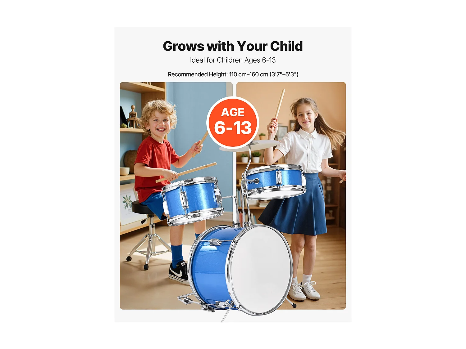 Bateria Infantil SucceBuy, 3 Peças, Bateria para Iniciantes, Bumbo de 35,56 cm com Tom-tom de 20,32 cm, Caixa de 25,4 cm, Assento Ajustável, Baquetas, Azul