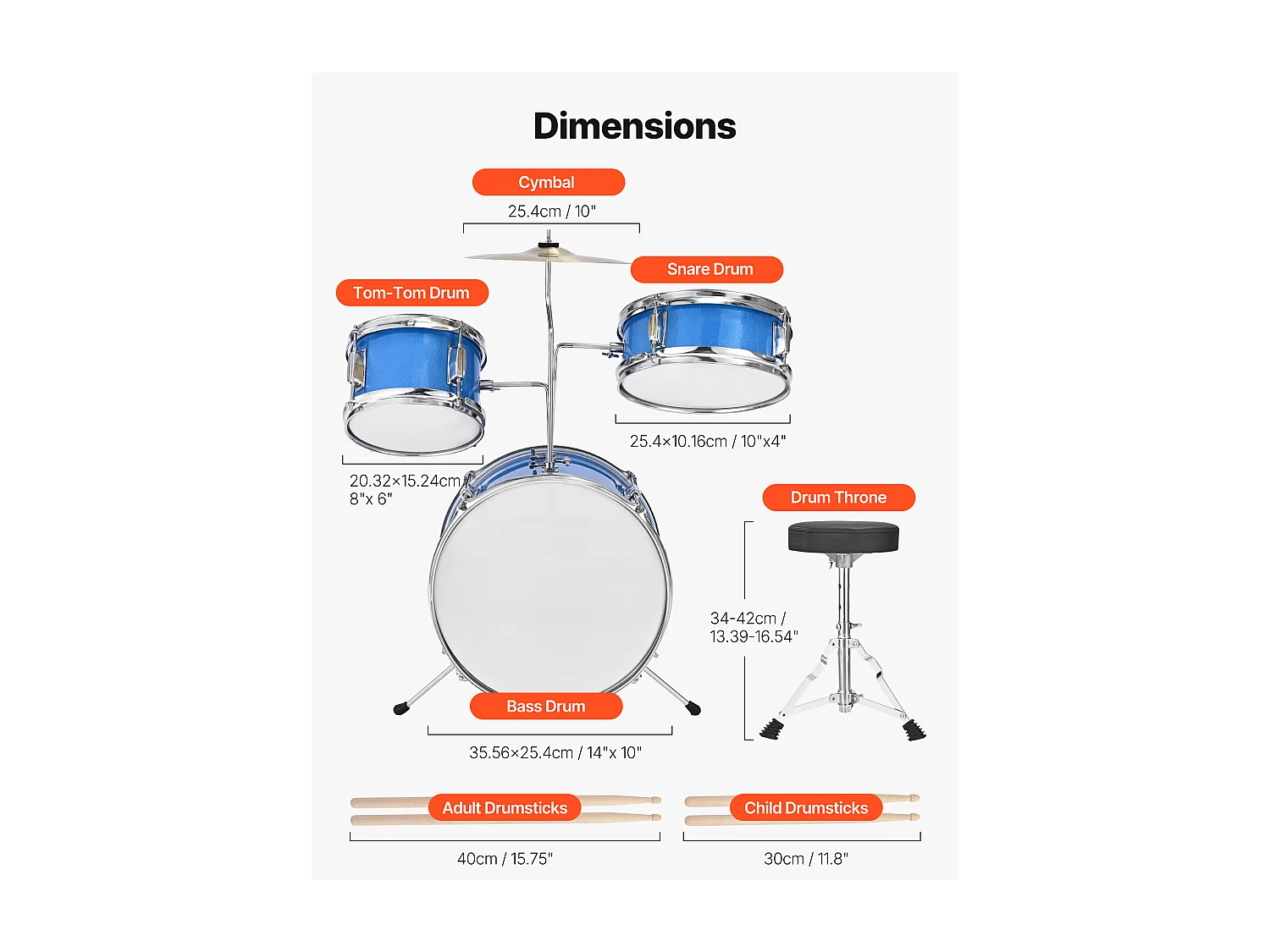 Bateria Infantil SucceBuy, 3 Peças, Bateria para Iniciantes, Bumbo de 35,56 cm com Tom-tom de 20,32 cm, Caixa de 25,4 cm, Assento Ajustável, Baquetas, Azul