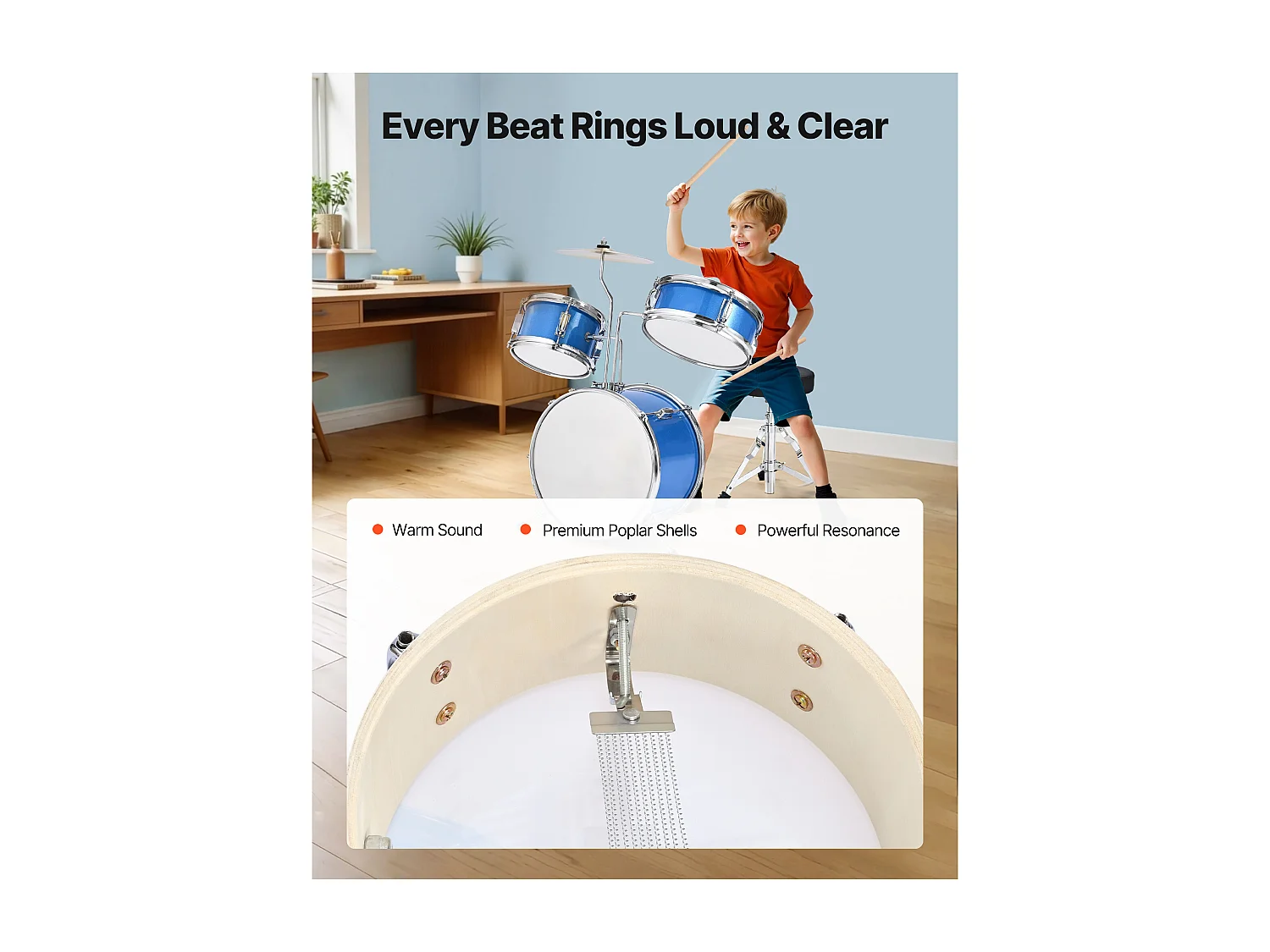 Bateria Infantil SucceBuy, 3 Peças, Bateria para Iniciantes, Bumbo de 35,56 cm com Tom-tom de 20,32 cm, Caixa de 25,4 cm, Assento Ajustável, Baquetas, Azul