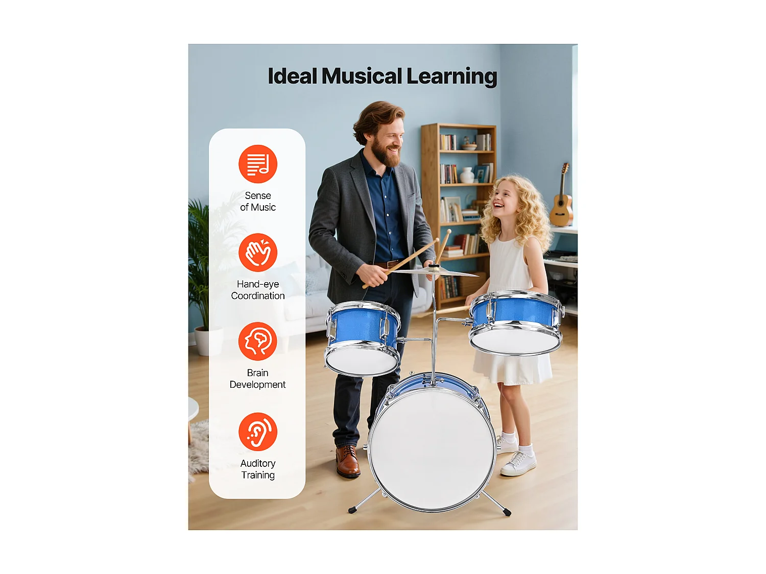 Bateria Infantil SucceBuy, 3 Peças, Bateria para Iniciantes, Bumbo de 35,56 cm com Tom-tom de 20,32 cm, Caixa de 25,4 cm, Assento Ajustável, Baquetas, Azul