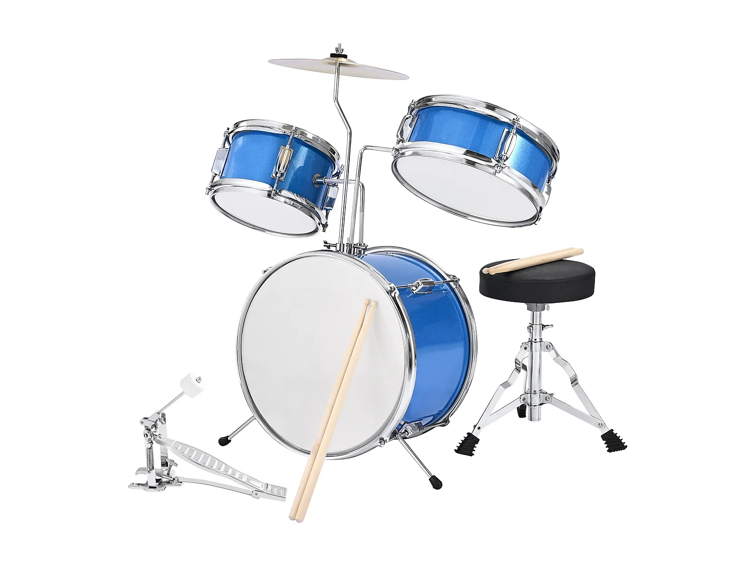 Bateria Infantil SucceBuy, 3 Peças, Bateria para Iniciantes, Bumbo de 35,56 cm com Tom-tom de 20,32 cm, Caixa de 25,4 cm, Assento Ajustável, Baquetas, Azul