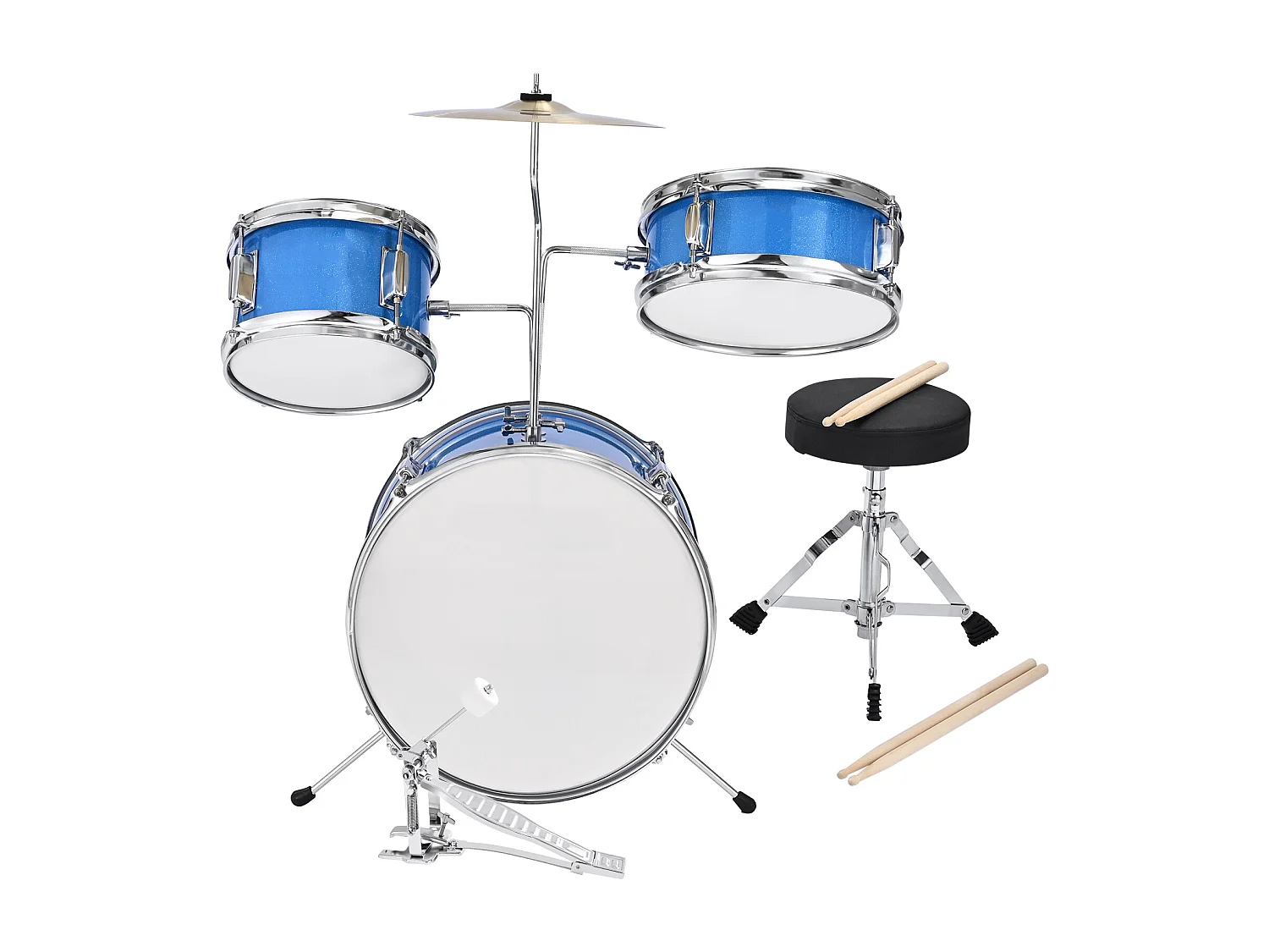 Bateria Infantil SucceBuy, 3 Peças, Bateria para Iniciantes, Bumbo de 35,56 cm com Tom-tom de 20,32 cm, Caixa de 25,4 cm, Assento Ajustável, Baquetas, Azul