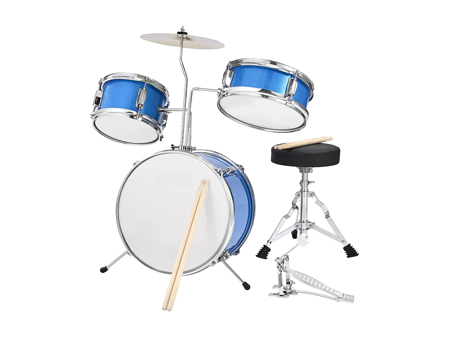 Bateria Infantil SucceBuy, 3 Peças, Bateria para Iniciantes, Bumbo de 35,56 cm com Tom-tom de 20,32 cm, Caixa de 25,4 cm, Assento Ajustável, Baquetas, Azul