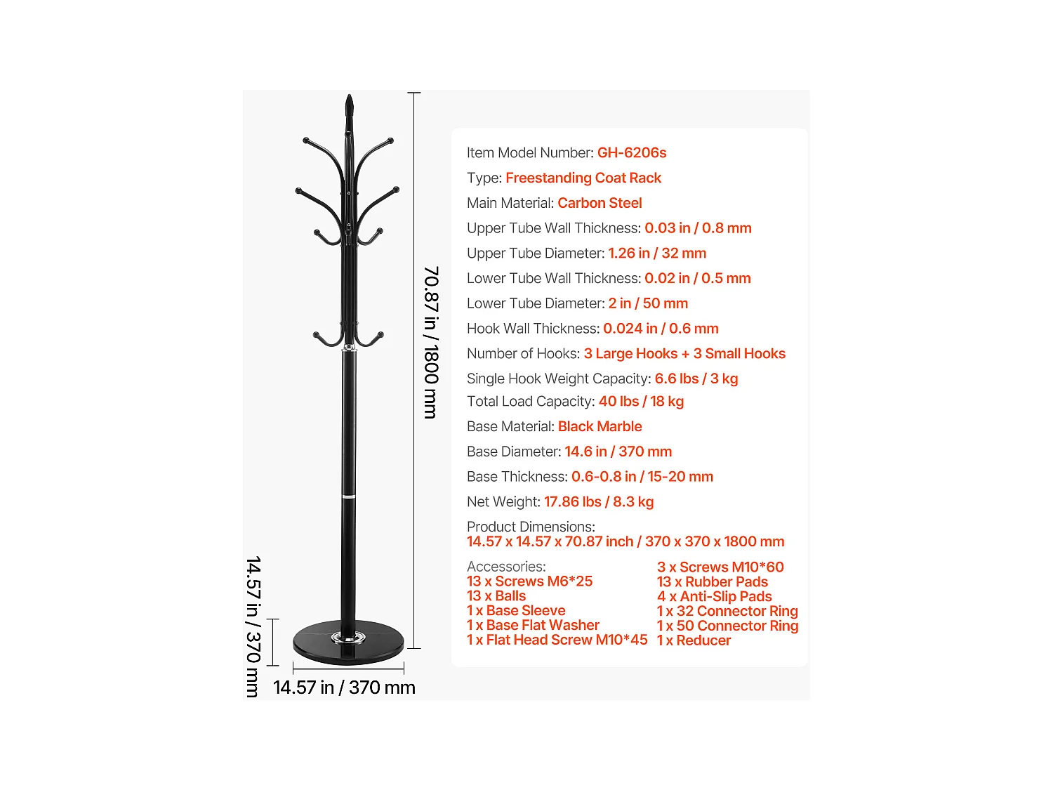 Perchero de Pie SucceBuy, Perchero para Ropa con Base de Mármol, 6 Ganchos, Perchero Metálico Independiente para Entrada, Dormitorio, Salón