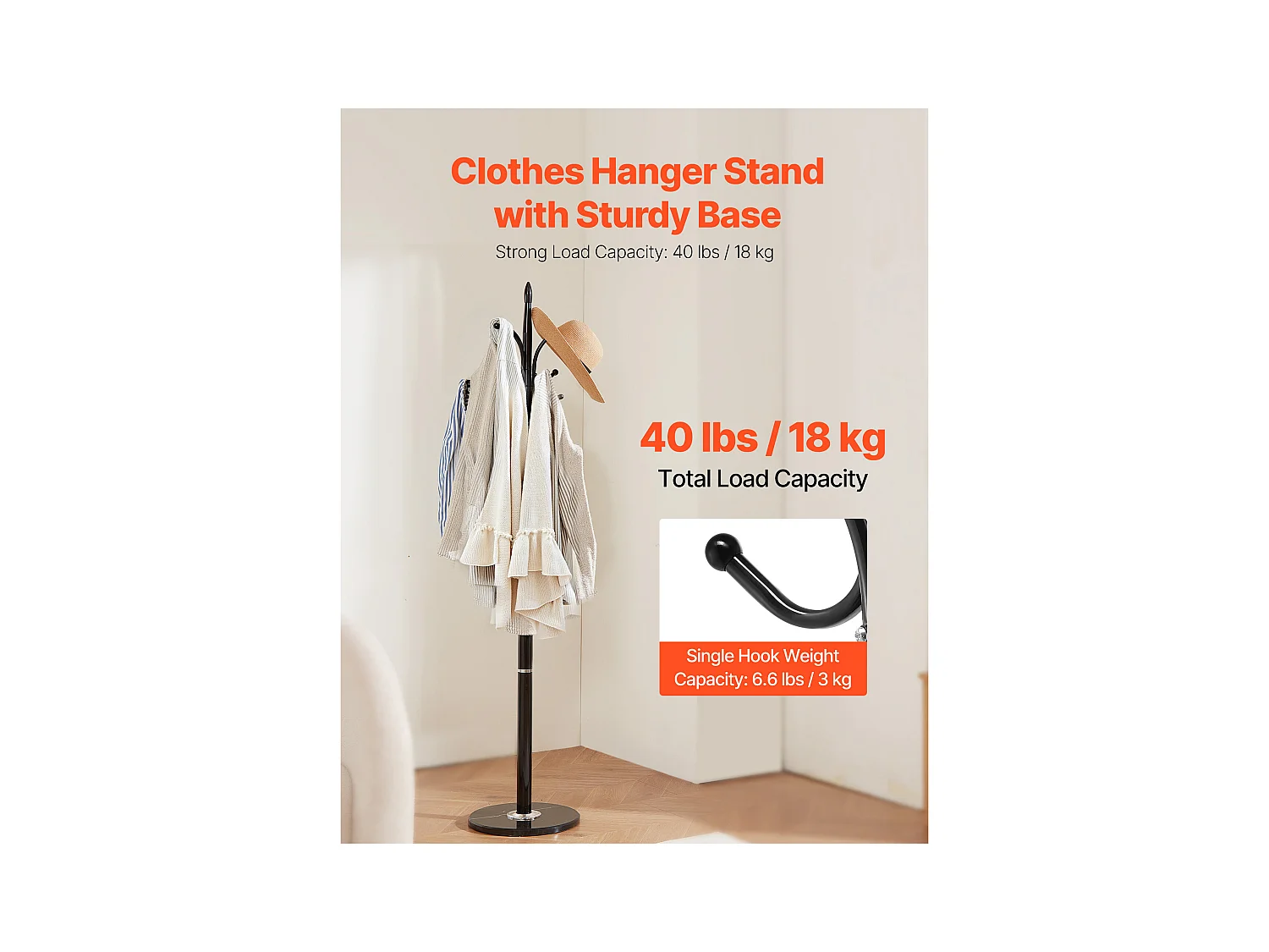 Perchero de Pie SucceBuy, Perchero para Ropa con Base de Mármol, 6 Ganchos, Perchero Metálico Independiente para Entrada, Dormitorio, Salón