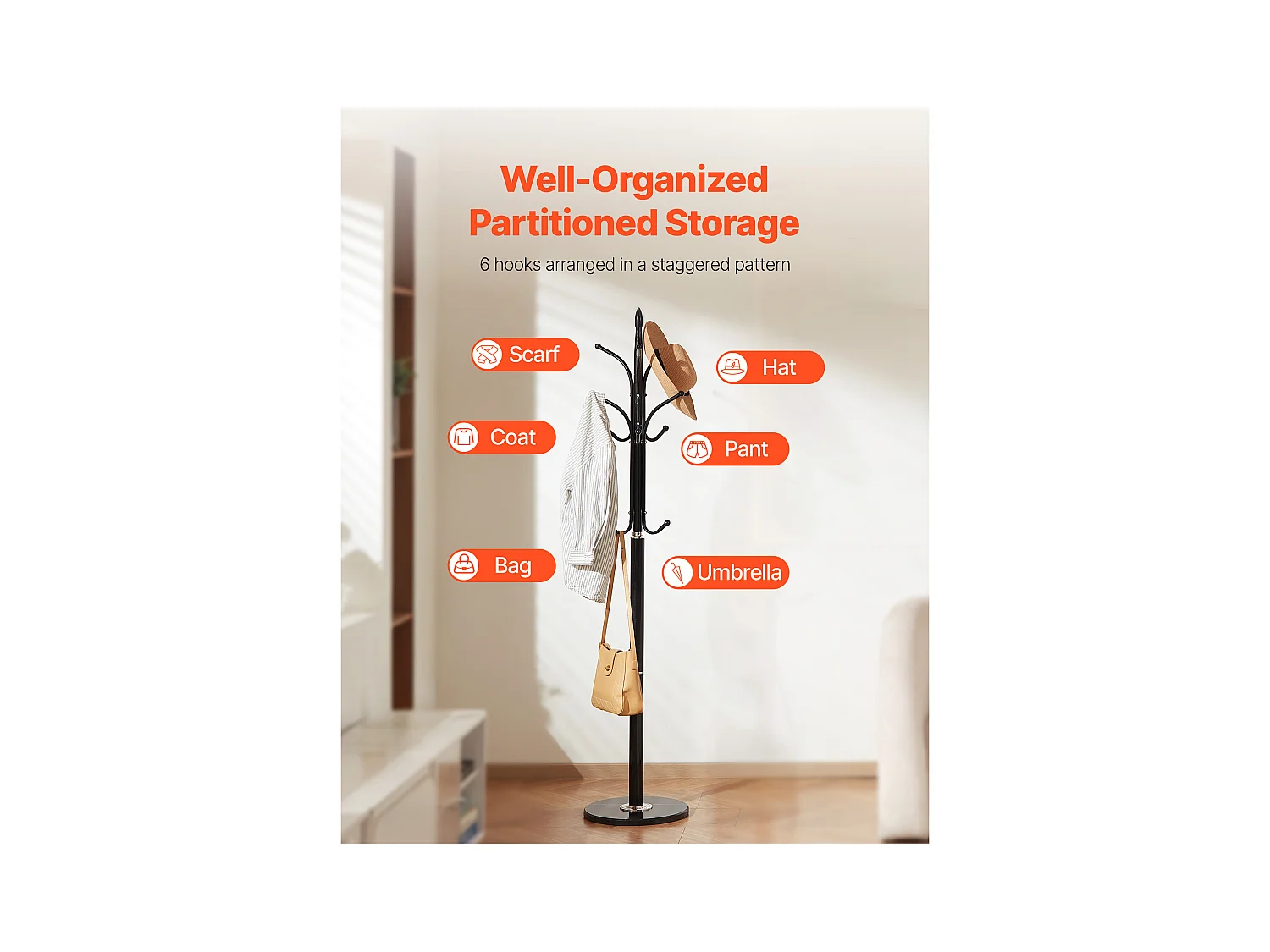 Perchero de Pie SucceBuy, Perchero para Ropa con Base de Mármol, 6 Ganchos, Perchero Metálico Independiente para Entrada, Dormitorio, Salón