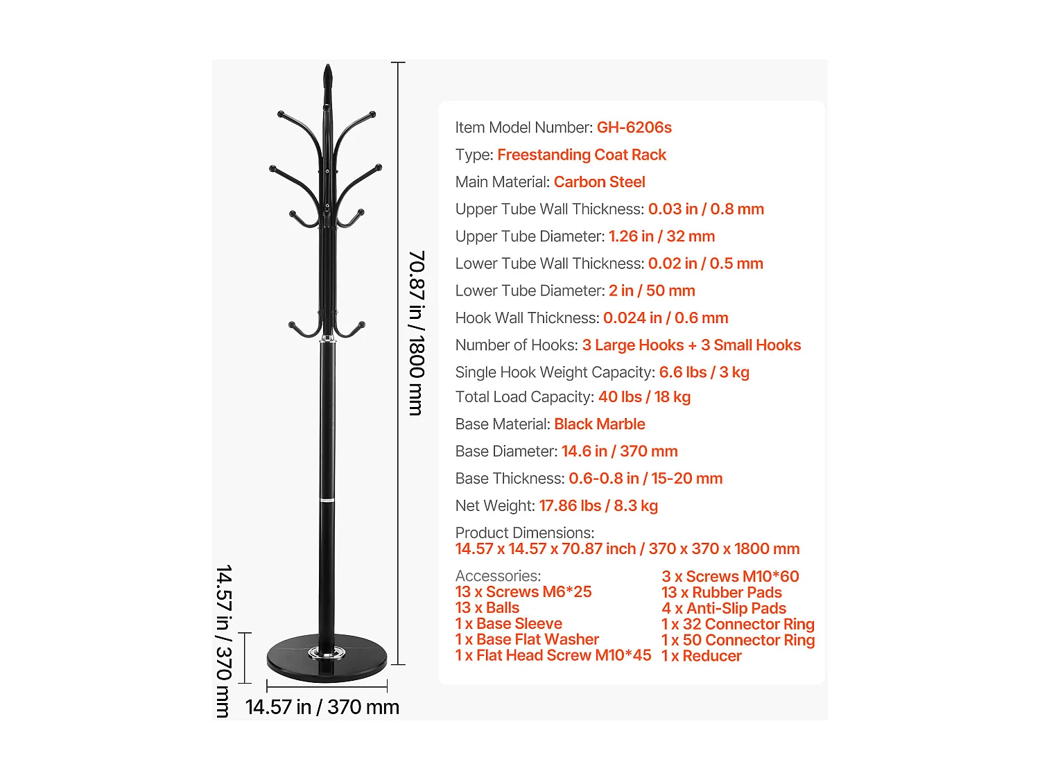 Perchero de Pie SucceBuy, Perchero para Ropa con Base de Mármol, 6 Ganchos, Perchero Metálico Independiente para Entrada, Dormitorio, Salón