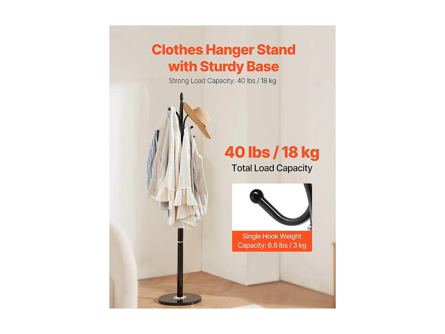 Perchero de Pie SucceBuy, Perchero para Ropa con Base de Mármol, 6 Ganchos, Perchero Metálico Independiente para Entrada, Dormitorio, Salón