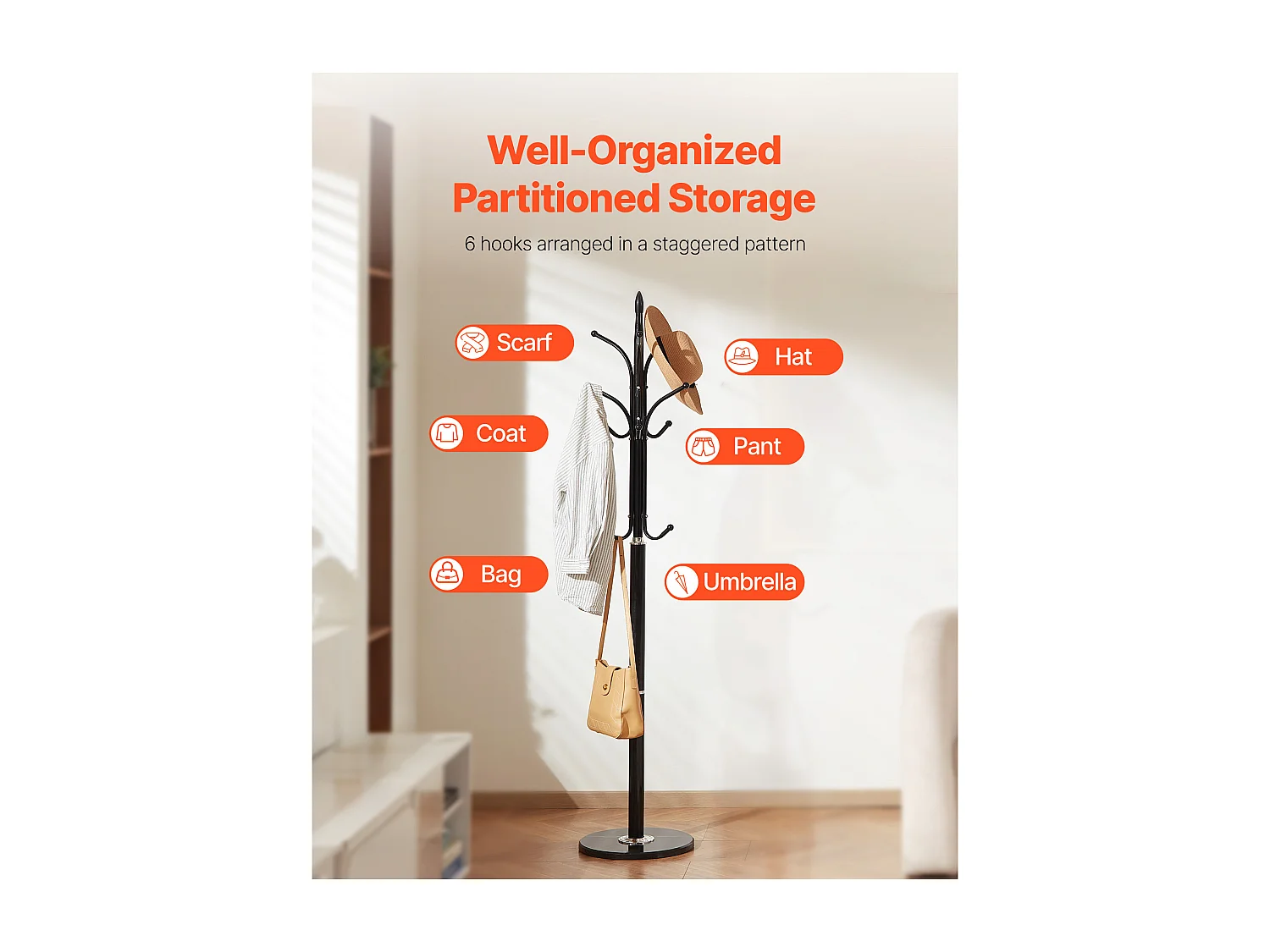 Perchero de Pie SucceBuy, Perchero para Ropa con Base de Mármol, 6 Ganchos, Perchero Metálico Independiente para Entrada, Dormitorio, Salón