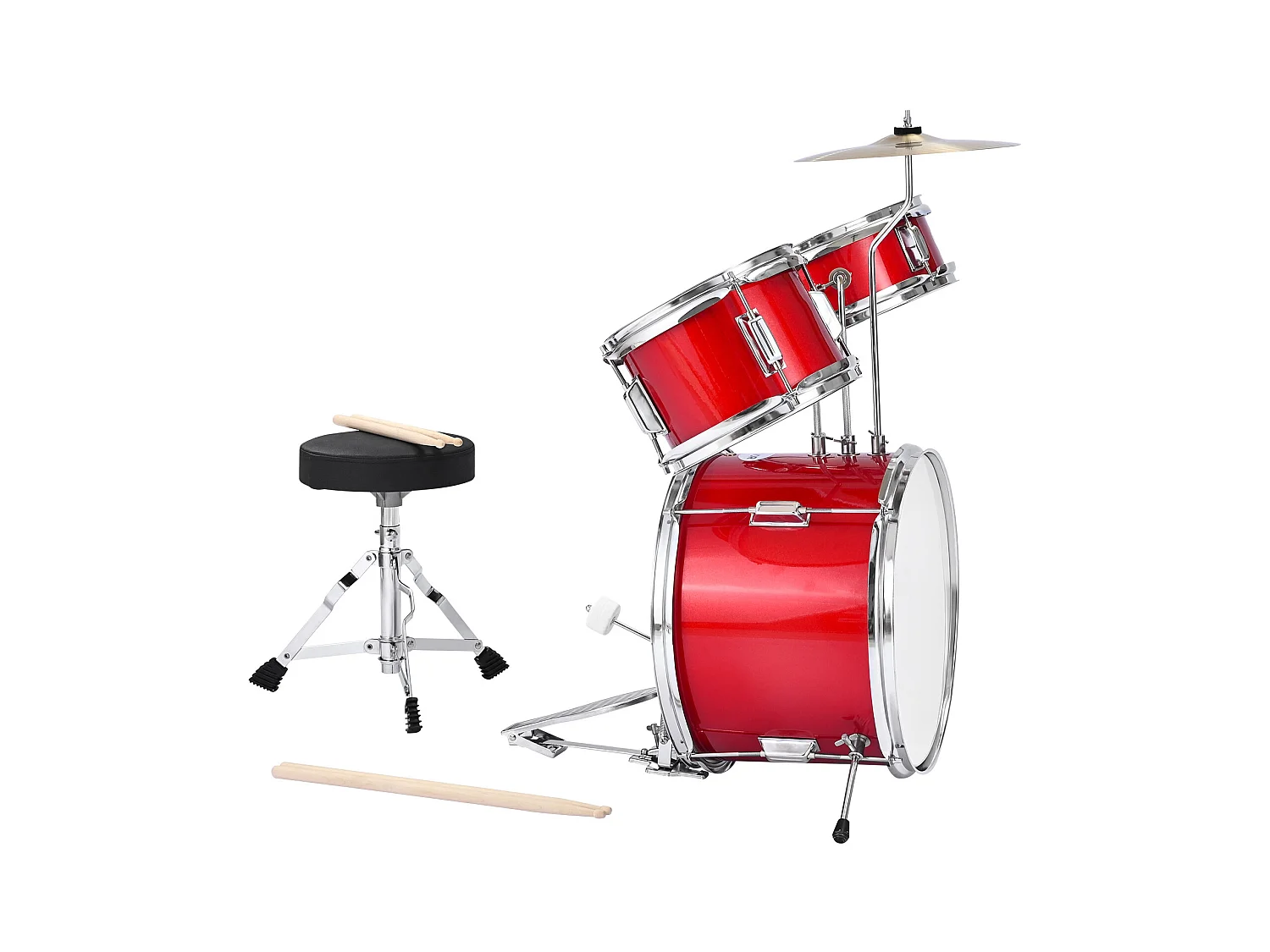 Kinder-Schlagzeug SucceBuy, 3-Teilig, Anfänger-Schlagzeug, 35,56 cm Bassdrum mit 20,32 cm Tom-Tom, 25,4 cm Snare Drum, verstellbarer Sitz, Drumsticks, Rot