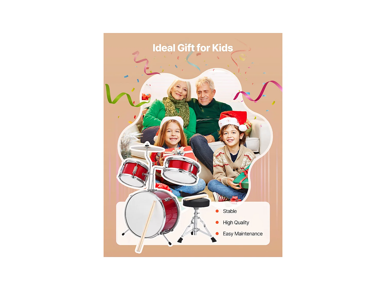 Kinder-Schlagzeug SucceBuy, 3-Teilig, Anfänger-Schlagzeug, 35,56 cm Bassdrum mit 20,32 cm Tom-Tom, 25,4 cm Snare Drum, verstellbarer Sitz, Drumsticks, Rot