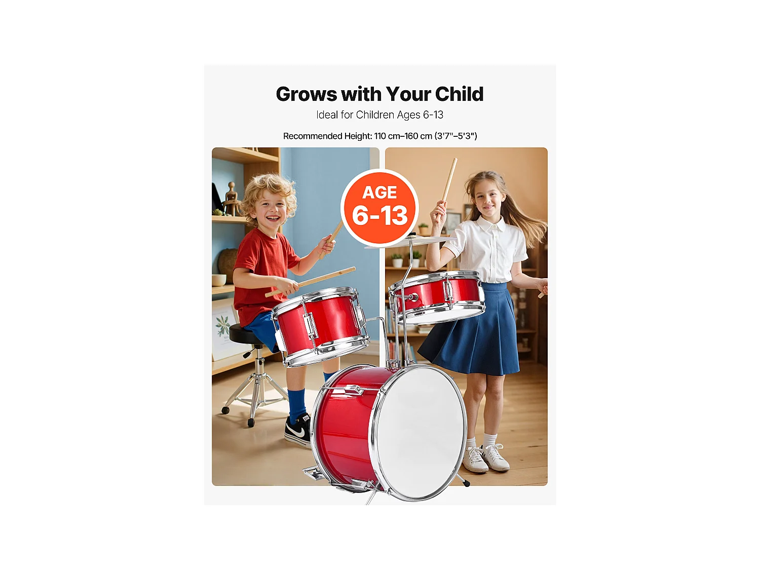 Kinder-Schlagzeug SucceBuy, 3-Teilig, Anfänger-Schlagzeug, 35,56 cm Bassdrum mit 20,32 cm Tom-Tom, 25,4 cm Snare Drum, verstellbarer Sitz, Drumsticks, Rot