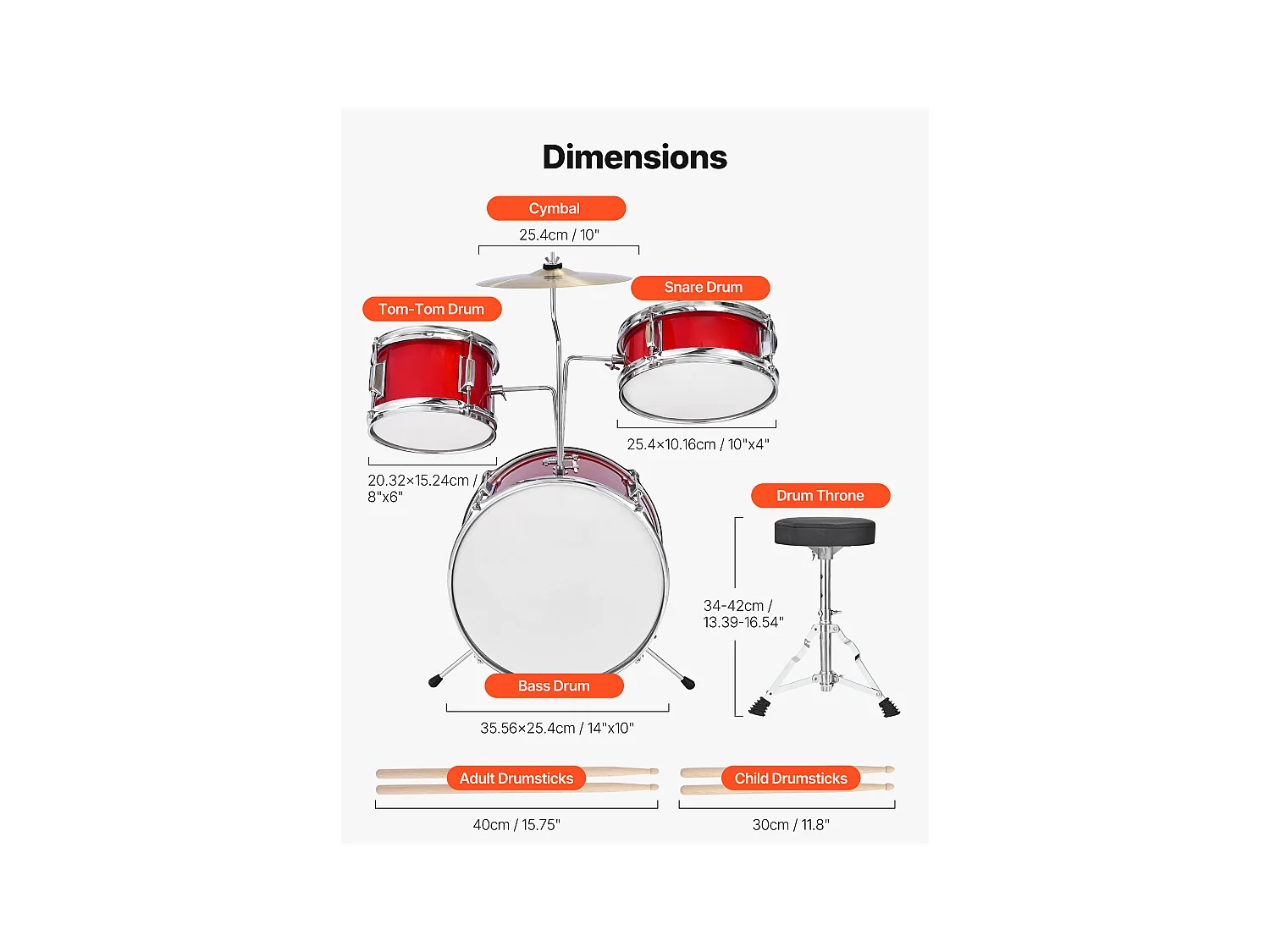 Kinder-Schlagzeug SucceBuy, 3-Teilig, Anfänger-Schlagzeug, 35,56 cm Bassdrum mit 20,32 cm Tom-Tom, 25,4 cm Snare Drum, verstellbarer Sitz, Drumsticks, Rot
