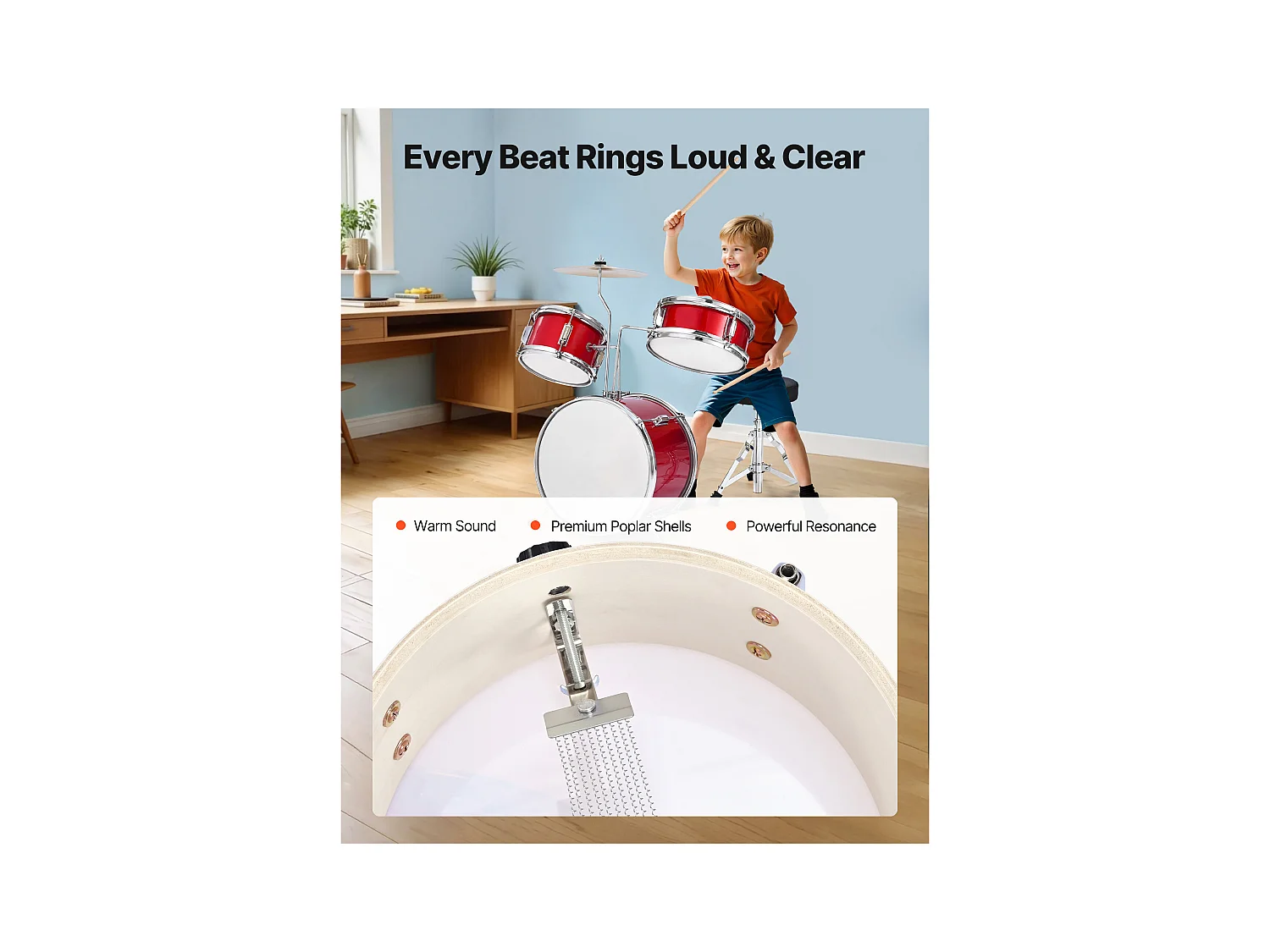 Kinder-Schlagzeug SucceBuy, 3-Teilig, Anfänger-Schlagzeug, 35,56 cm Bassdrum mit 20,32 cm Tom-Tom, 25,4 cm Snare Drum, verstellbarer Sitz, Drumsticks, Rot