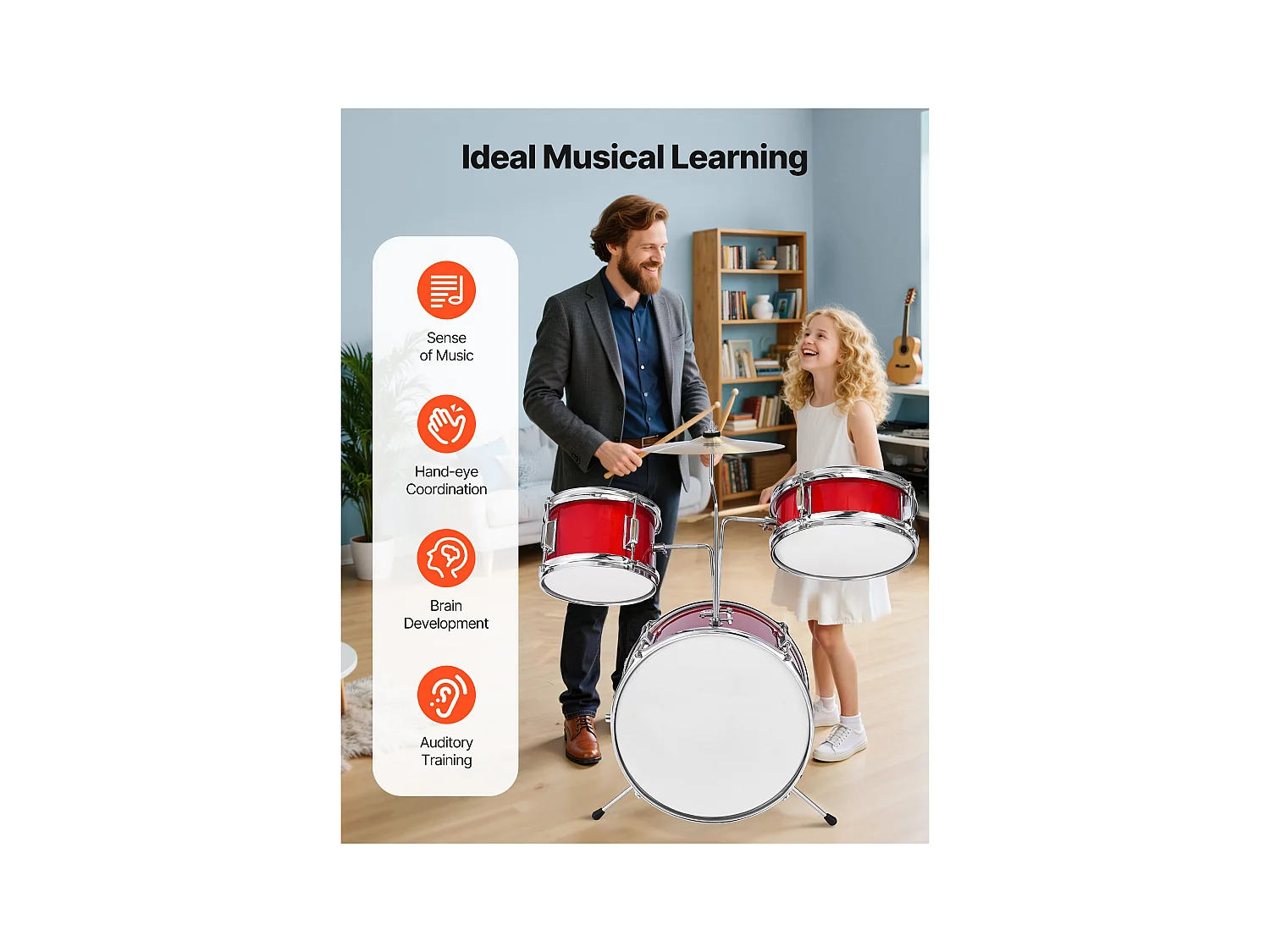 Kinder-Schlagzeug SucceBuy, 3-Teilig, Anfänger-Schlagzeug, 35,56 cm Bassdrum mit 20,32 cm Tom-Tom, 25,4 cm Snare Drum, verstellbarer Sitz, Drumsticks, Rot