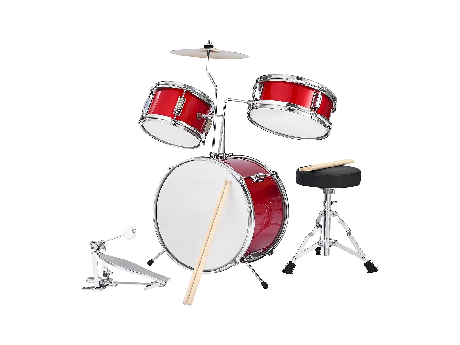 Kinder-Schlagzeug SucceBuy, 3-Teilig, Anfänger-Schlagzeug, 35,56 cm Bassdrum mit 20,32 cm Tom-Tom, 25,4 cm Snare Drum, verstellbarer Sitz, Drumsticks, Rot