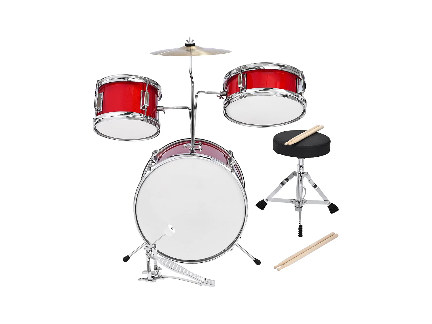 Kinder-Schlagzeug SucceBuy, 3-Teilig, Anfänger-Schlagzeug, 35,56 cm Bassdrum mit 20,32 cm Tom-Tom, 25,4 cm Snare Drum, verstellbarer Sitz, Drumsticks, Rot