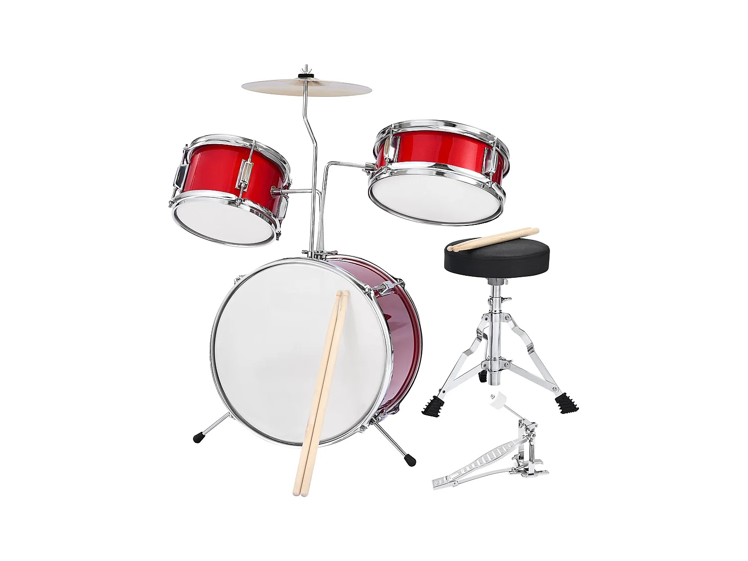 Kinder-Schlagzeug SucceBuy, 3-Teilig, Anfänger-Schlagzeug, 35,56 cm Bassdrum mit 20,32 cm Tom-Tom, 25,4 cm Snare Drum, verstellbarer Sitz, Drumsticks, Rot