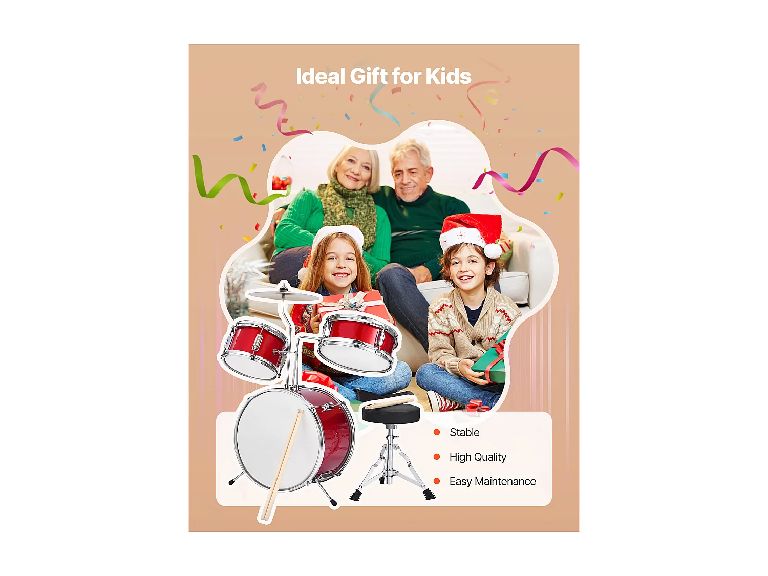 Bateria Infantil SucceBuy, 3 Peças, Bateria para Iniciantes, Bumbo de 35,56 cm com Tom-tom de 20,32 cm, Caixa de 25,4 cm, Assento Ajustável, Baquetas, Vermelha