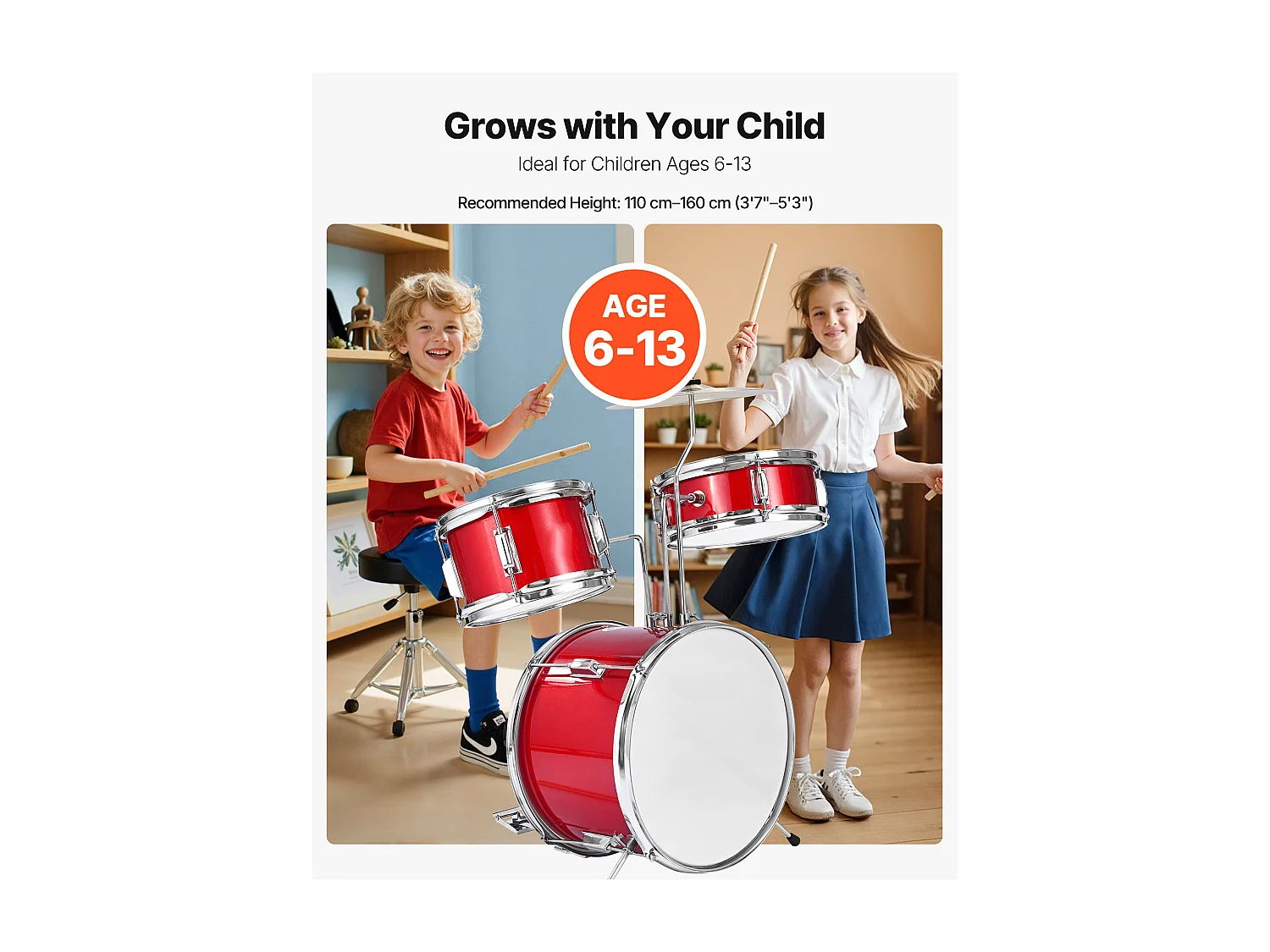 Bateria Infantil SucceBuy, 3 Peças, Bateria para Iniciantes, Bumbo de 35,56 cm com Tom-tom de 20,32 cm, Caixa de 25,4 cm, Assento Ajustável, Baquetas, Vermelha