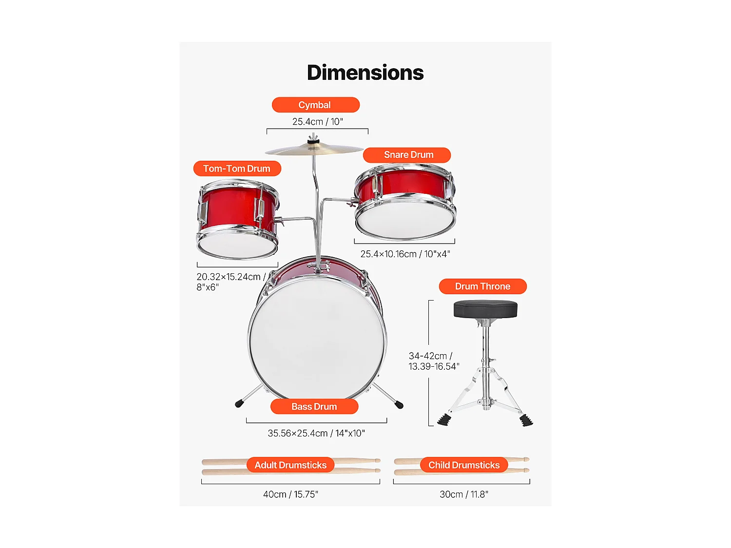 Bateria Infantil SucceBuy, 3 Peças, Bateria para Iniciantes, Bumbo de 35,56 cm com Tom-tom de 20,32 cm, Caixa de 25,4 cm, Assento Ajustável, Baquetas, Vermelha