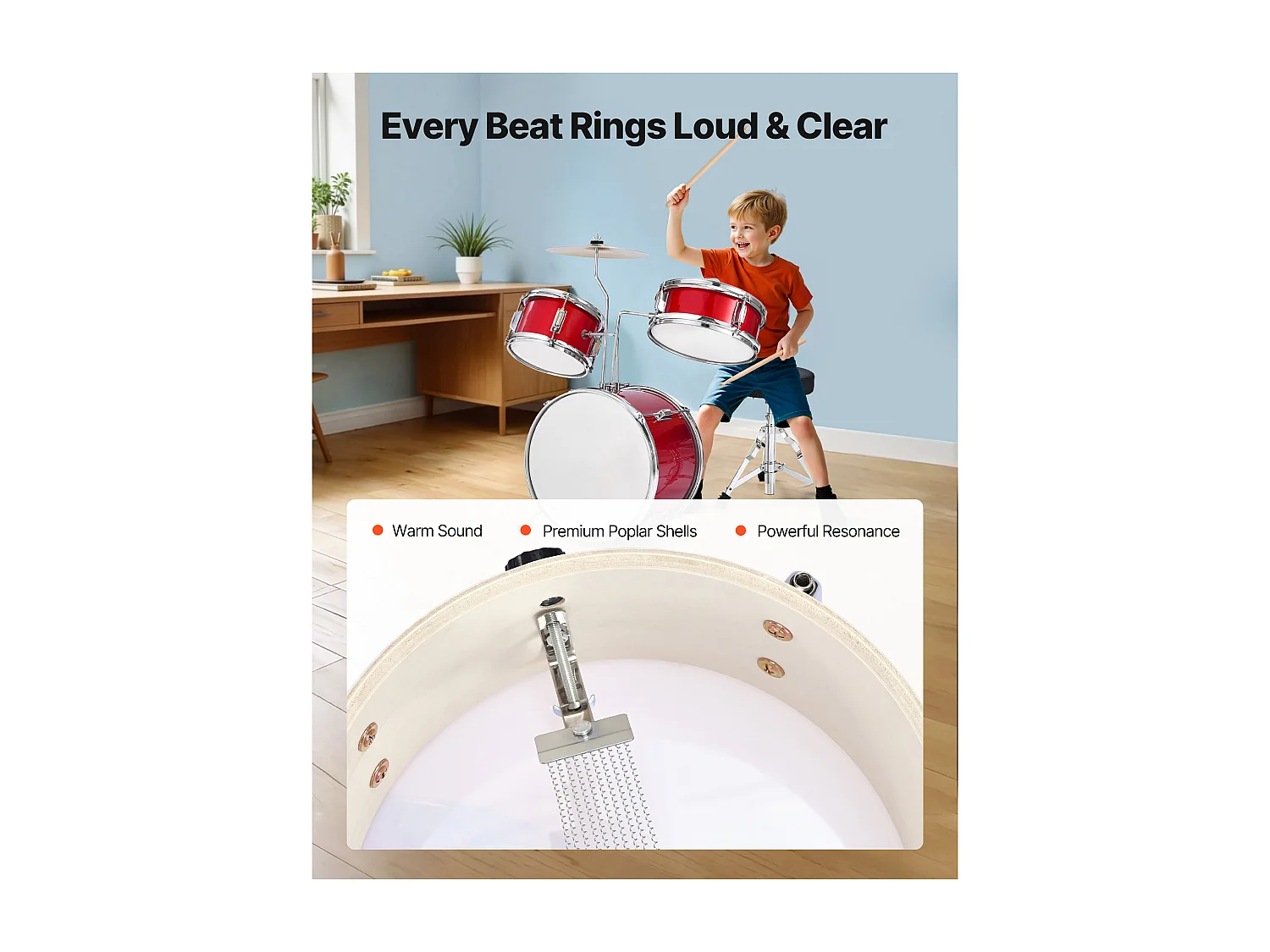 Bateria Infantil SucceBuy, 3 Peças, Bateria para Iniciantes, Bumbo de 35,56 cm com Tom-tom de 20,32 cm, Caixa de 25,4 cm, Assento Ajustável, Baquetas, Vermelha