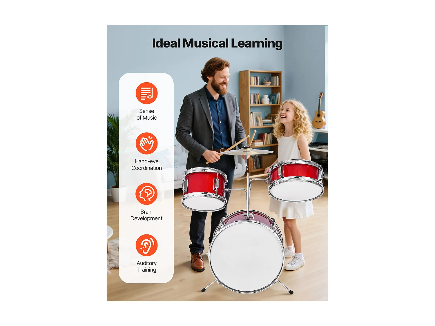 Bateria Infantil SucceBuy, 3 Peças, Bateria para Iniciantes, Bumbo de 35,56 cm com Tom-tom de 20,32 cm, Caixa de 25,4 cm, Assento Ajustável, Baquetas, Vermelha