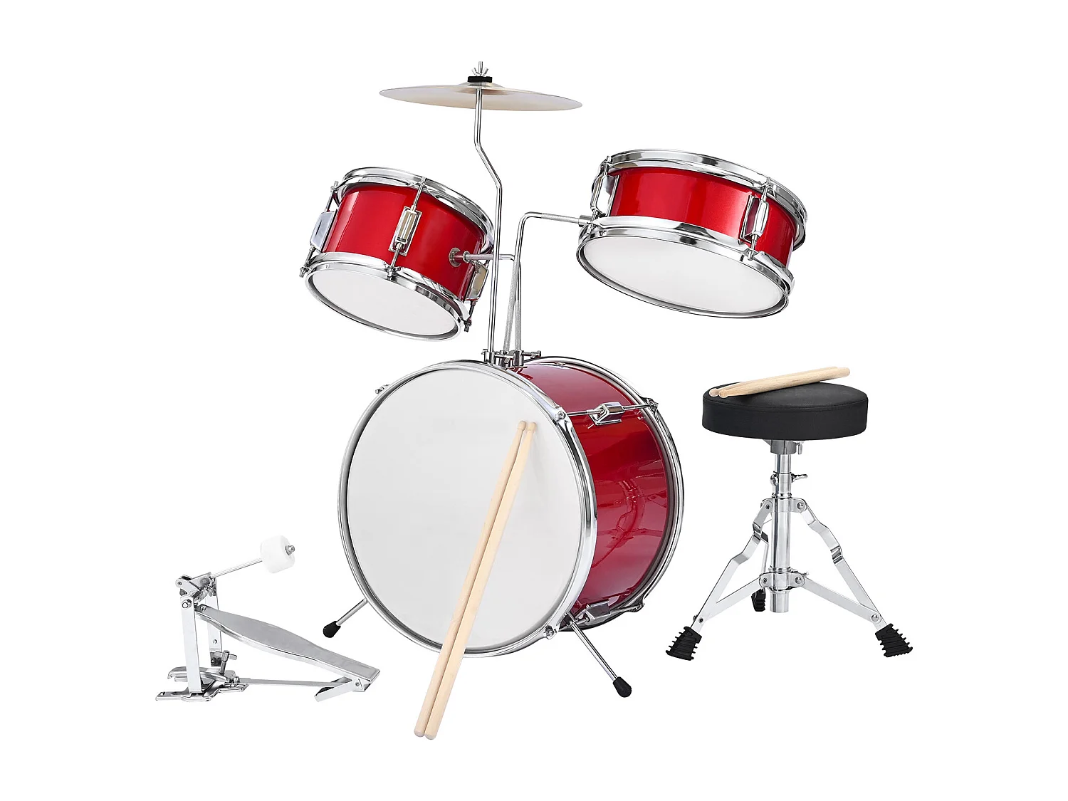 Bateria Infantil SucceBuy, 3 Peças, Bateria para Iniciantes, Bumbo de 35,56 cm com Tom-tom de 20,32 cm, Caixa de 25,4 cm, Assento Ajustável, Baquetas, Vermelha