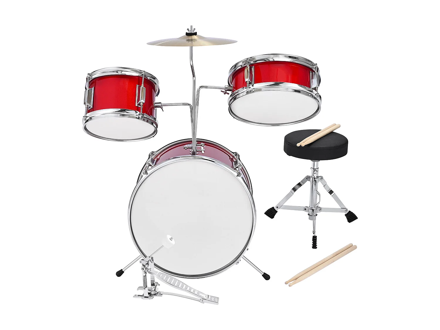 Bateria Infantil SucceBuy, 3 Peças, Bateria para Iniciantes, Bumbo de 35,56 cm com Tom-tom de 20,32 cm, Caixa de 25,4 cm, Assento Ajustável, Baquetas, Vermelha