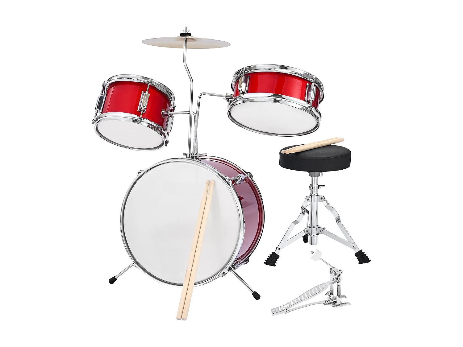 Bateria Infantil SucceBuy, 3 Peças, Bateria para Iniciantes, Bumbo de 35,56 cm com Tom-tom de 20,32 cm, Caixa de 25,4 cm, Assento Ajustável, Baquetas, Vermelha