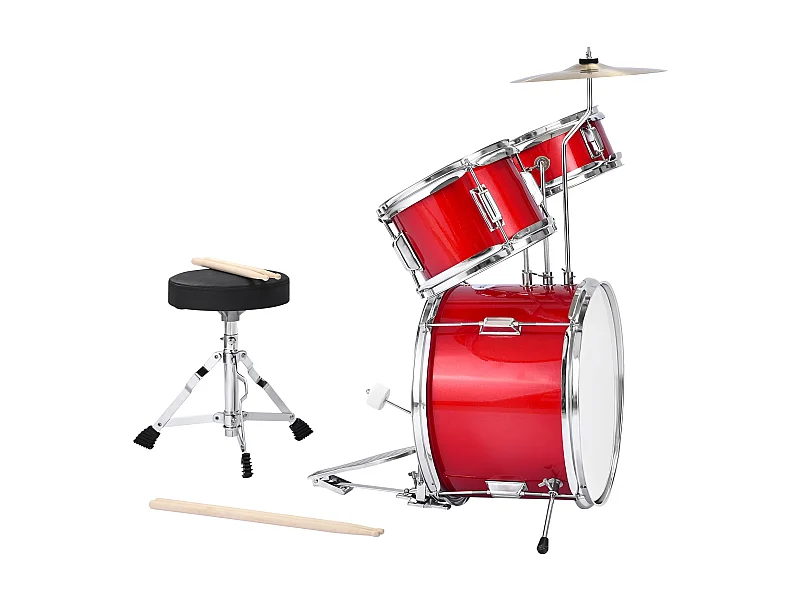 Kinderdrumstel SucceBuy, 3-Delig, Drumstel voor Beginners, Basdrum 35,56 cm met Tom-tom 20,32 cm, Snaredrum 25,4 cm, Verstelbare Stoel, Drumstokken, Rood