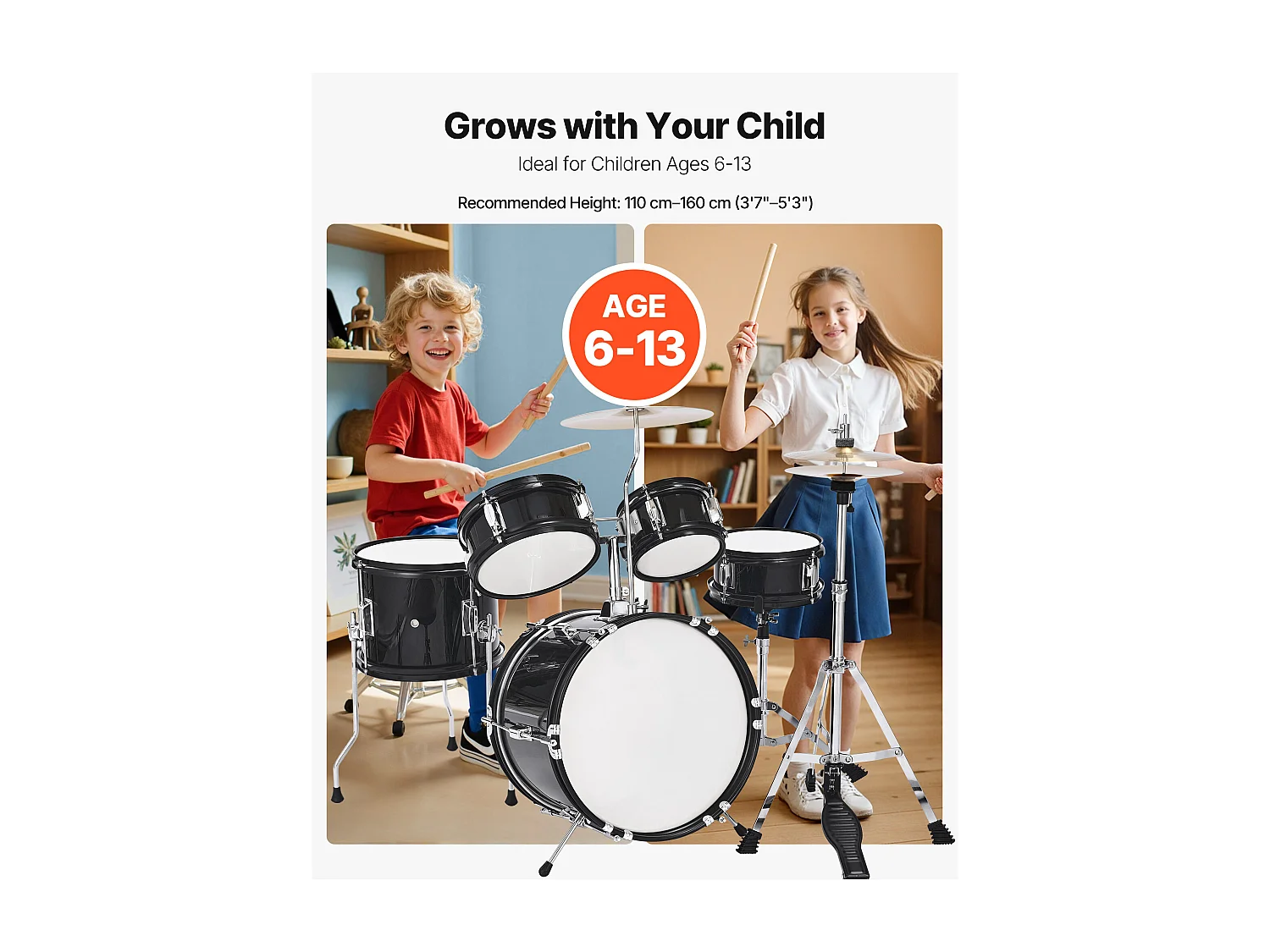 Batterie Enfant SucceBuy, 5 PCS, Batterie Débutants, Grosse Caisse 35,56 cm avec Tom-tom, Caisse Claire 20,32 cm Tom Basse 25,4 cm, Siège, Baguettes, Noir