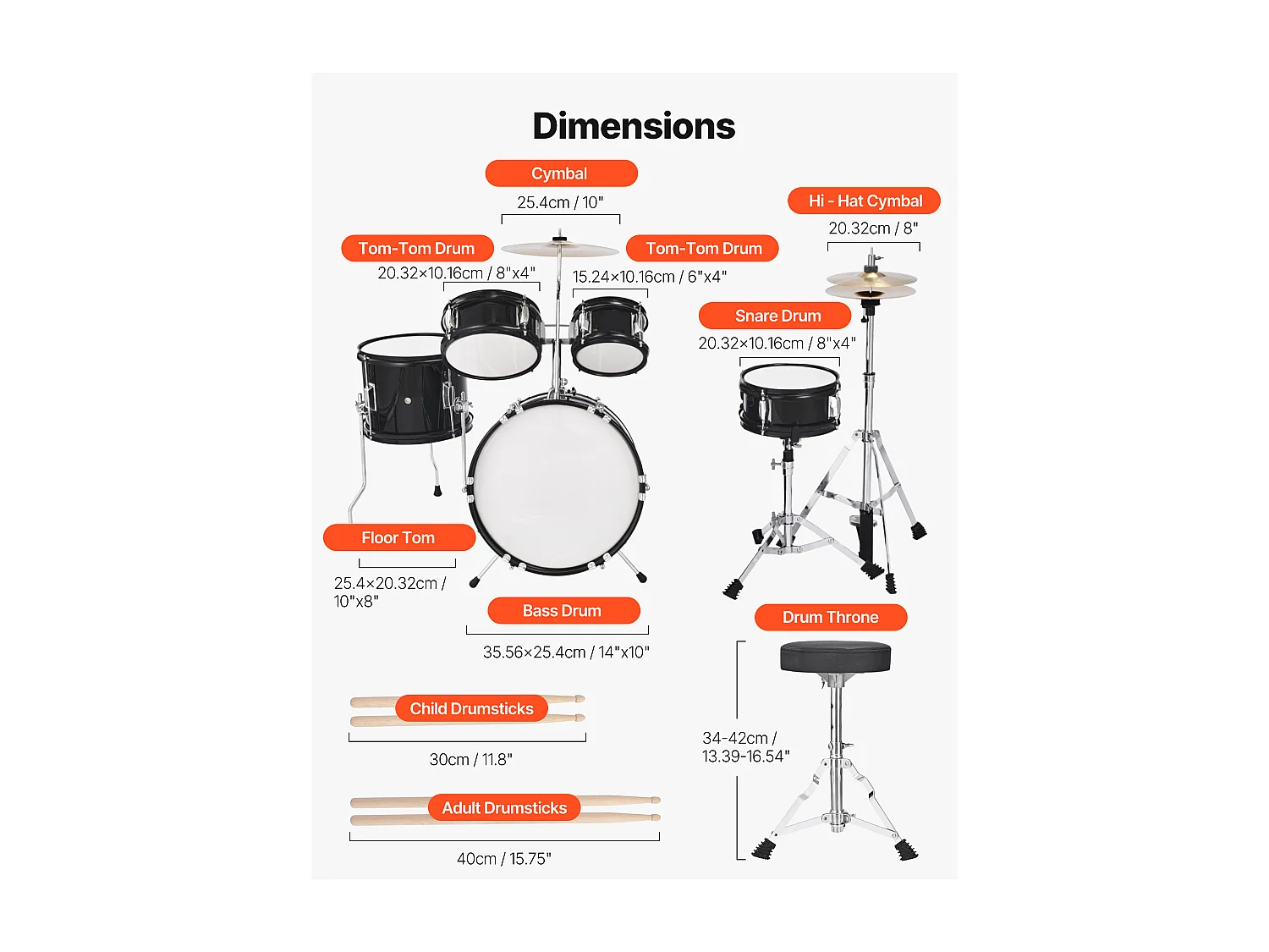 Batterie Enfant SucceBuy, 5 PCS, Batterie Débutants, Grosse Caisse 35,56 cm avec Tom-tom, Caisse Claire 20,32 cm Tom Basse 25,4 cm, Siège, Baguettes, Noir