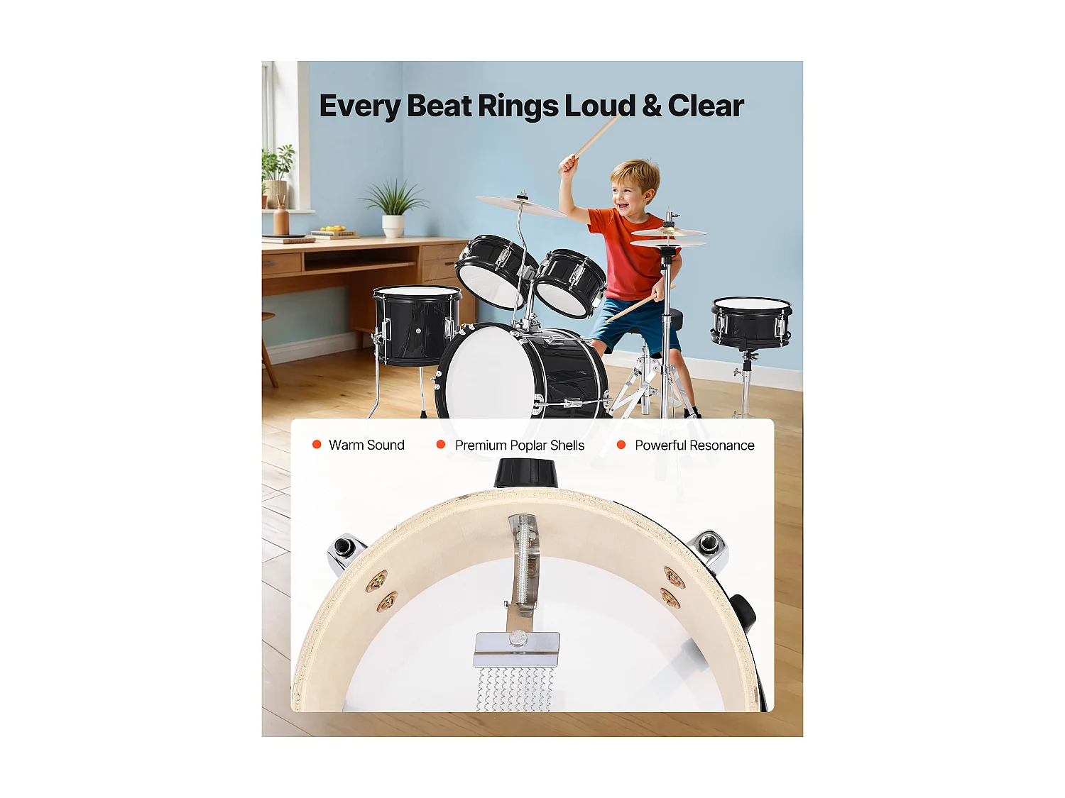 Batterie Enfant SucceBuy, 5 PCS, Batterie Débutants, Grosse Caisse 35,56 cm avec Tom-tom, Caisse Claire 20,32 cm Tom Basse 25,4 cm, Siège, Baguettes, Noir