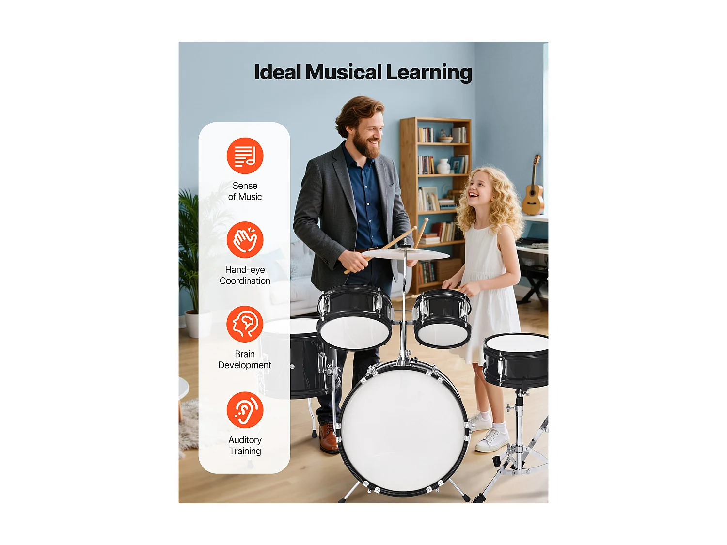 Batterie Enfant SucceBuy, 5 PCS, Batterie Débutants, Grosse Caisse 35,56 cm avec Tom-tom, Caisse Claire 20,32 cm Tom Basse 25,4 cm, Siège, Baguettes, Noir