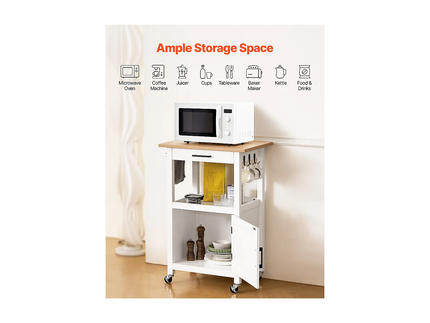 Keukentrolley SucceBuy op Wieltjes, met Blad 55x45 cm, Verrijdbaar Kookeiland met Lade, Meubel voor Magnetron, Eetkamer, Voorraadkast