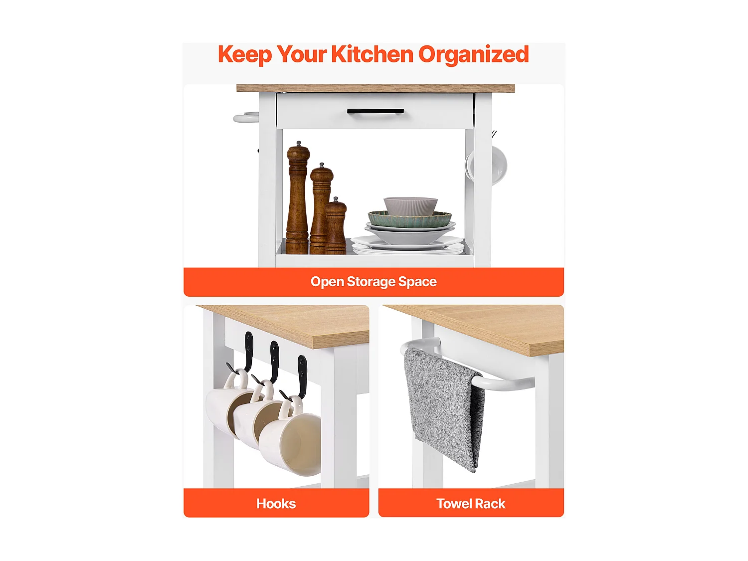 Keukentrolley SucceBuy op Wieltjes, met Blad 55x45 cm, Verrijdbaar Kookeiland met Lade, Meubel voor Magnetron, Eetkamer, Voorraadkast