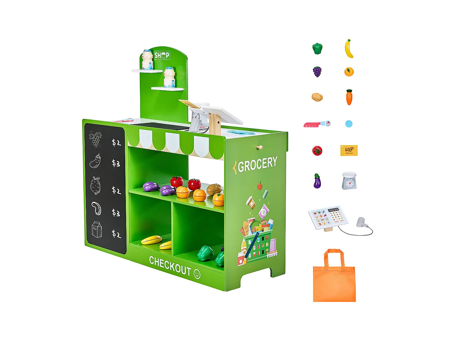 Supermarket dla Dzieci SucceBuy, 81,5 x 30,7 x 85 cm, Sklepik dla Dzieci, Zestaw Spożywczy, Sklep z MDF, dla Chłopców i Dziewczynek w Wieku od 3 Lat