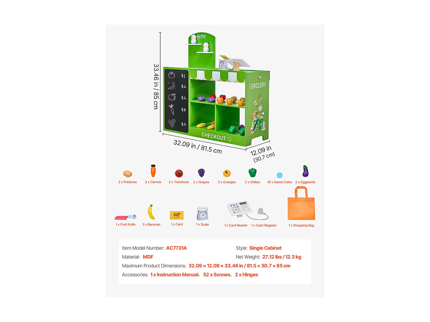 Supermarché Enfant SucceBuy, 81,5 x 30,7 x 85 cm, Marchande Enfants, Jeu d'Épicerie, Magasin MDF, pour Garçons et Filles de 3 Ans et Plus