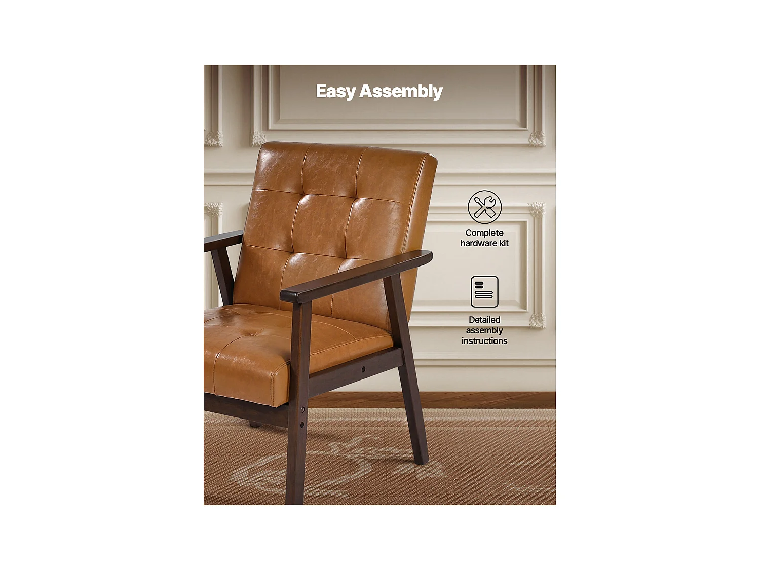 Fauteuil d'Appoint SucceBuy, avec Cadre en Bois Massif et Pieds Antidérapants, Chaise d'Accent avec Cuir Synthétique et Coussin Moelleux, pour Chambre, Bureau