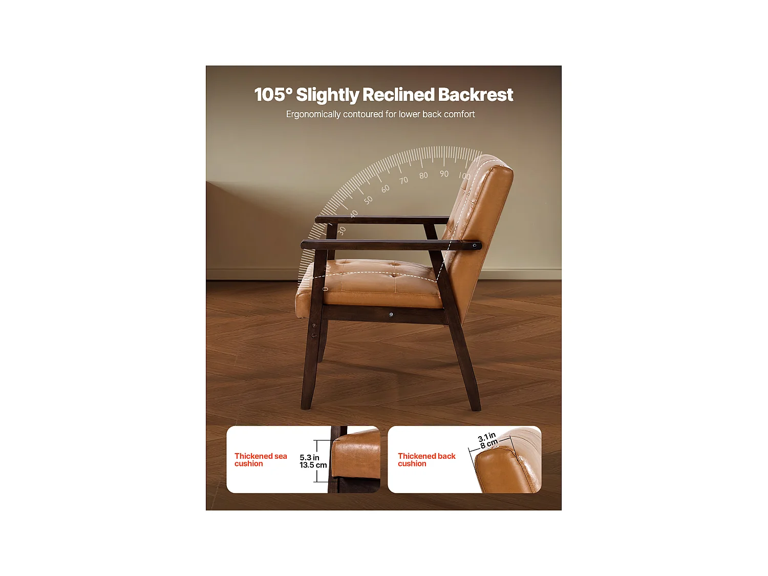 Fauteuil d'Appoint SucceBuy, avec Cadre en Bois Massif et Pieds Antidérapants, Chaise d'Accent avec Cuir Synthétique et Coussin Moelleux, pour Chambre, Bureau