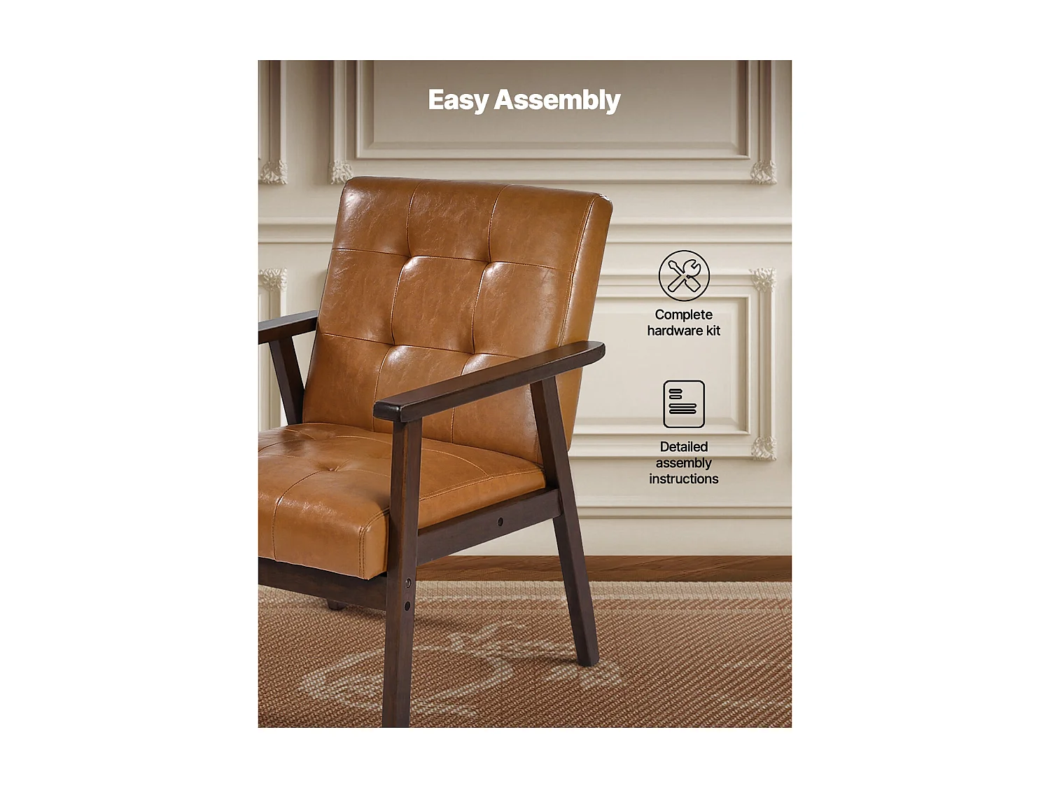 Fotel Dodatkowy SucceBuy, z Ramą z Litego Drewna i Antypoślizgowymi Nóżkami, Krzesło Akcentujące z Syntetyczną Skórą i Miękką Poduszką, do Sypialni, Biura